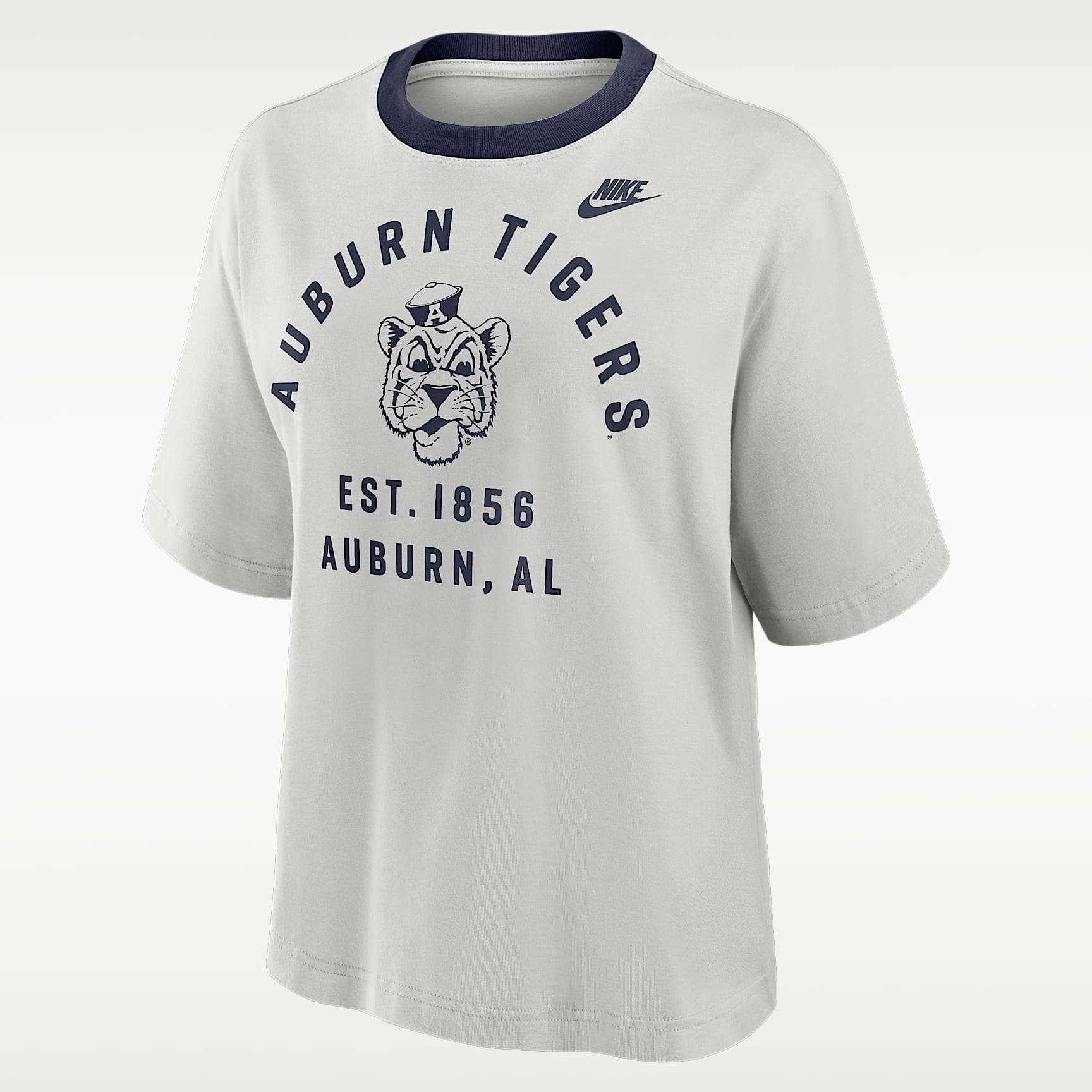 Playera universitaria Nike para mujer Auburn Legacy Arch Script Boxy