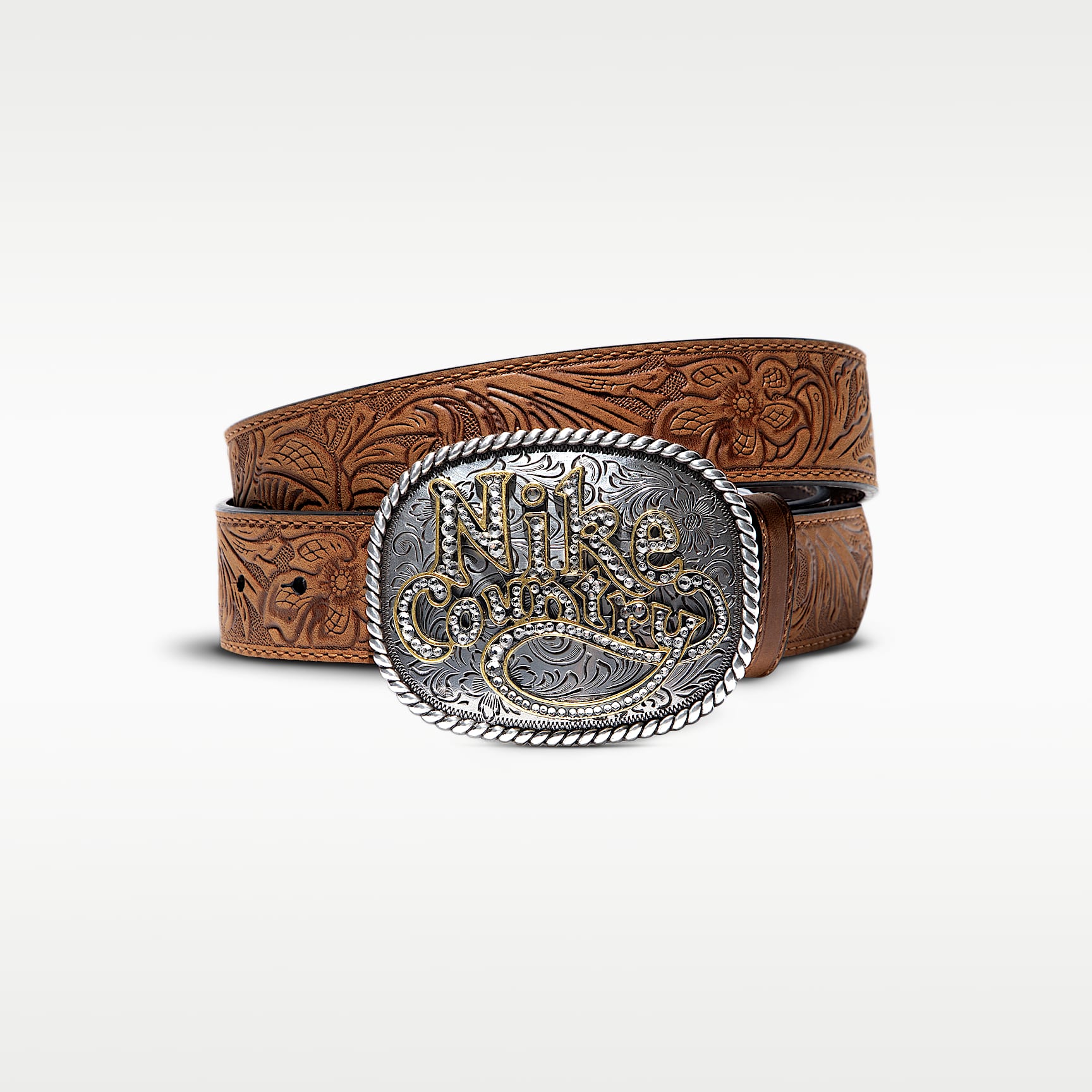 Nike Country Men's Rhinestone Plaque Buckle Embossed Leather Belt