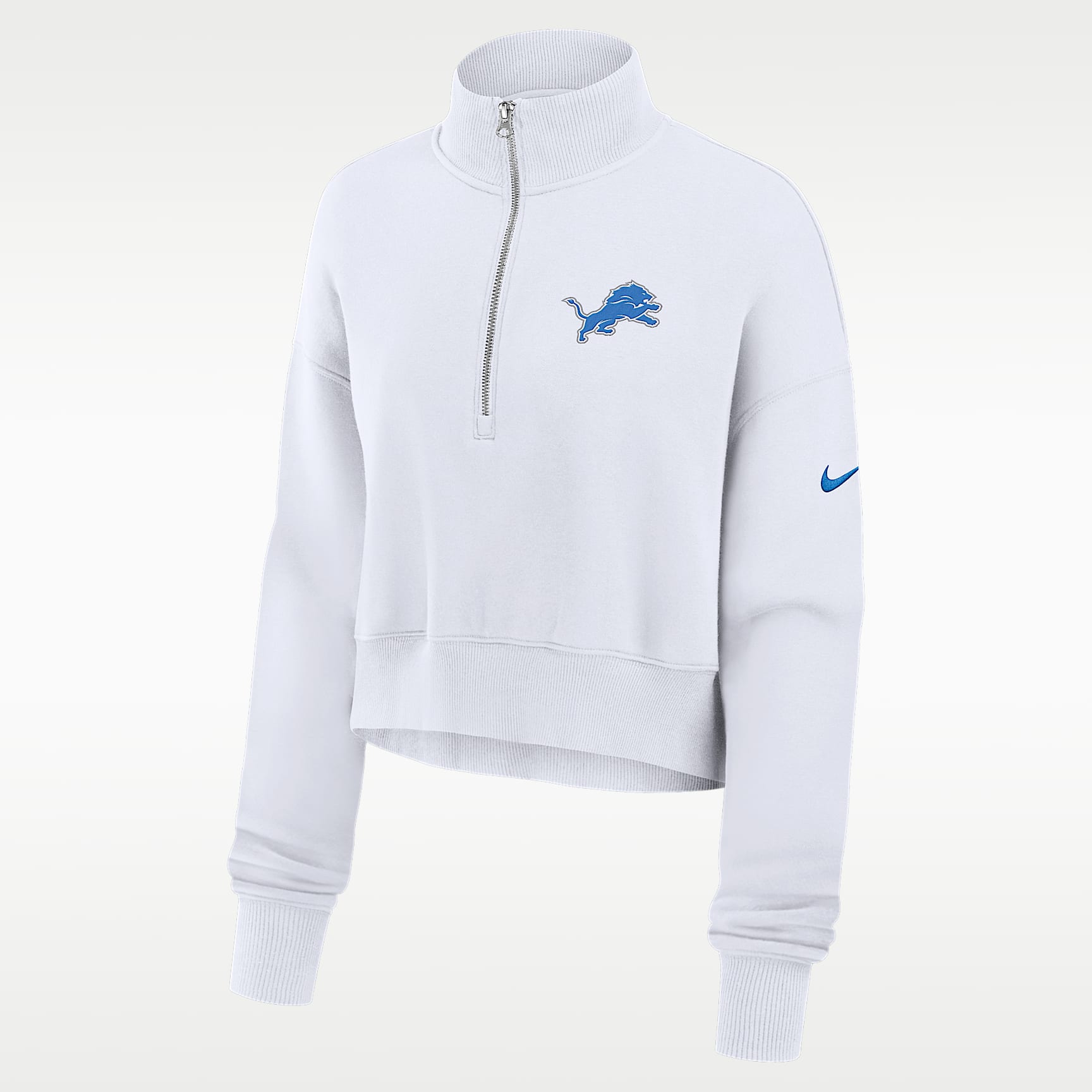 Sudadera de cuello redondo Nike de la NFL cropped oversized de cierre de 1/4 para mujer Detroit Lions Primetime Phoenix