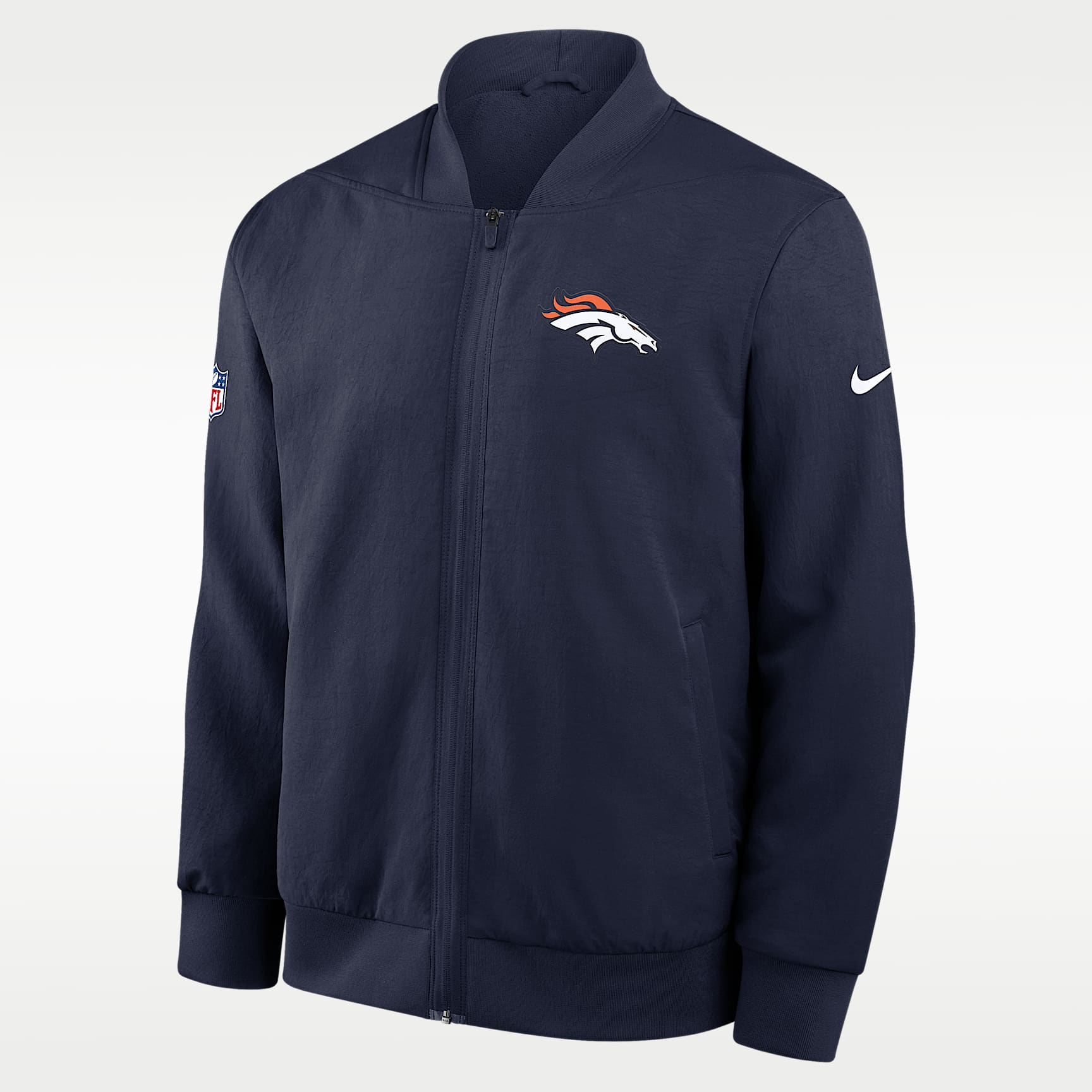 Chamarra bomber Nike de la NFL de cierre completo para hombre Denver Broncos Sideline