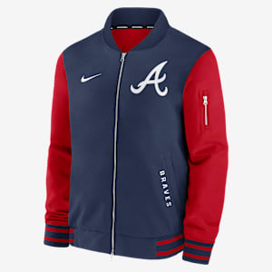 Chamarra bomber Nike de la MLB de cierre completo para hombre Atlanta Braves Authentic Collection Dugout