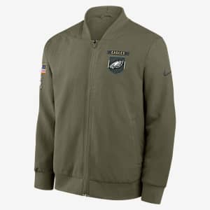 Chamarra bomber Nike de la NFL de cierre completo para hombre Philadelphia Eagles Salute to Service Sideline
