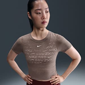 나이키 프로 여성 드라이 핏 반팔 크롭 자카드 탑