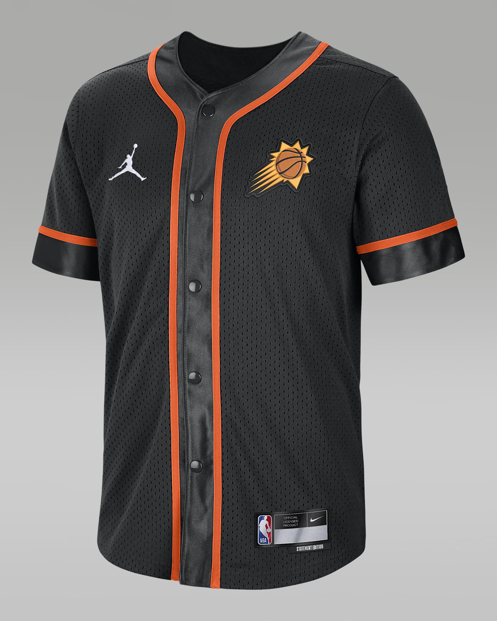Phoenix Suns Statement Edition Men's Jordan Dri-FIT NBA Short-Sleeve Top - Black/Brilliant Orange/White