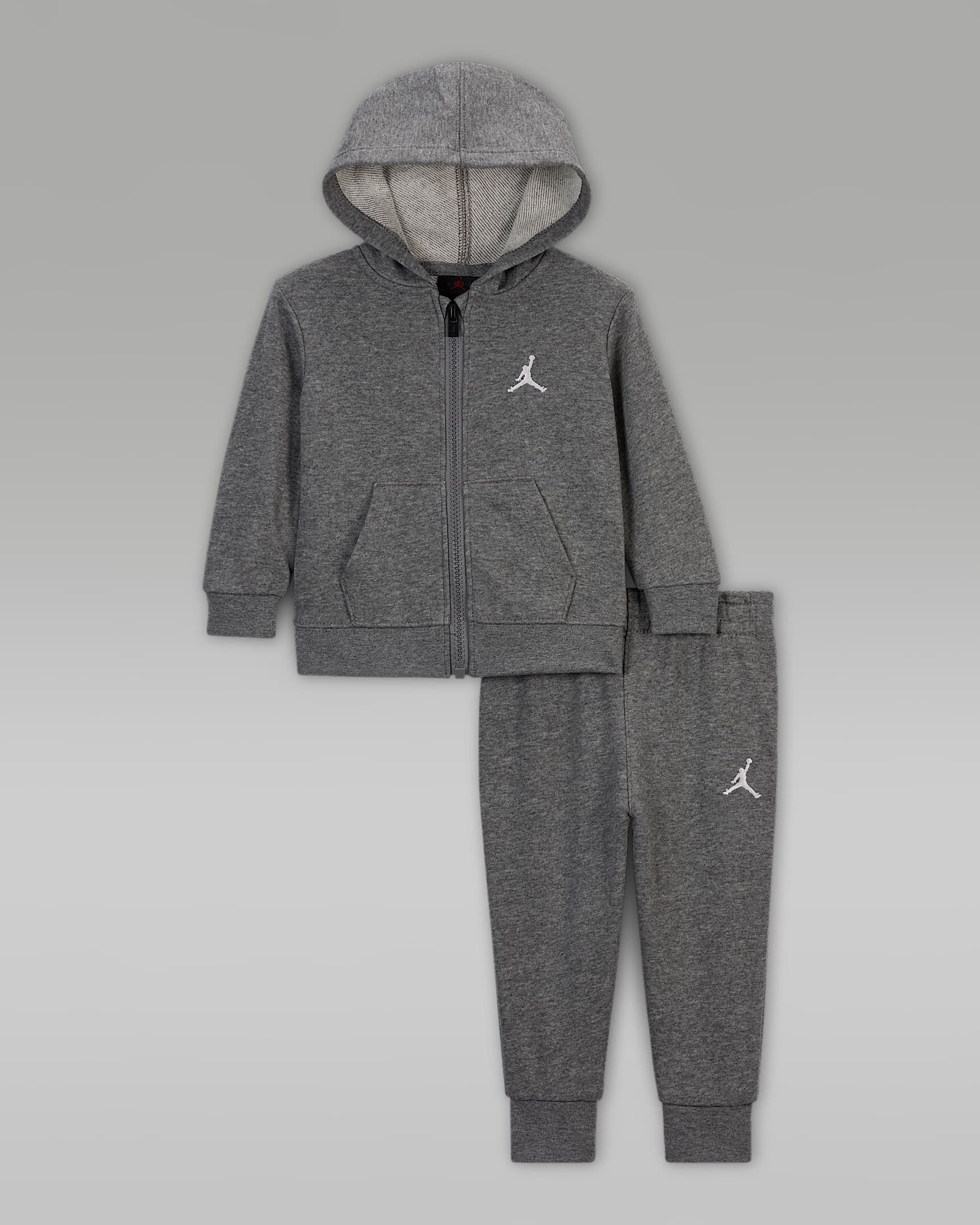 Conjunto de sudadera con gorro de cierre completo de French Terry de dos piezas para bebé (12-24 meses) Jordan MJ Brooklyn - Carbono jaspeado