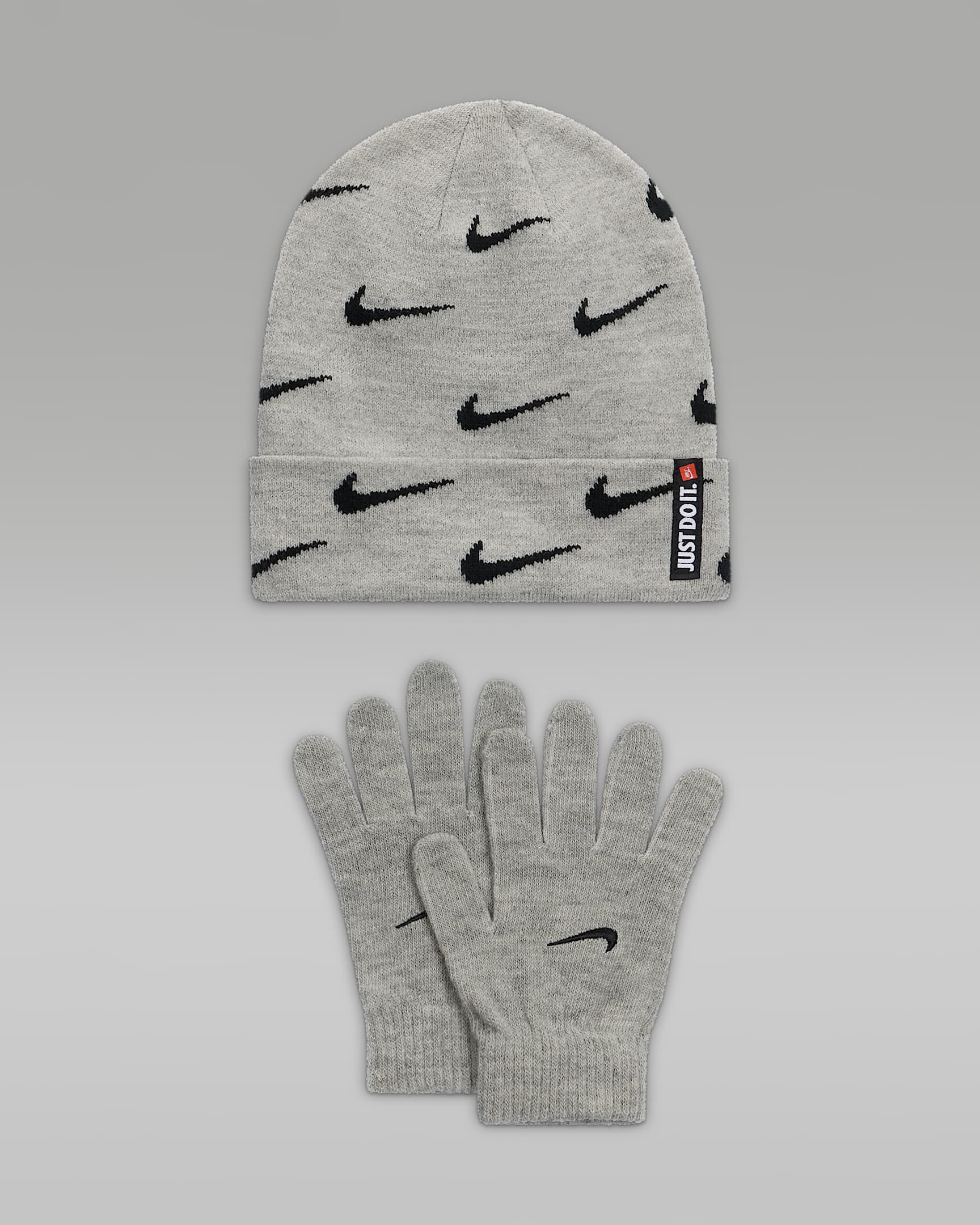 Nike Swoosh Repeat Beanie and Gloves Set Big Kids' Set - Dark Grey Heather