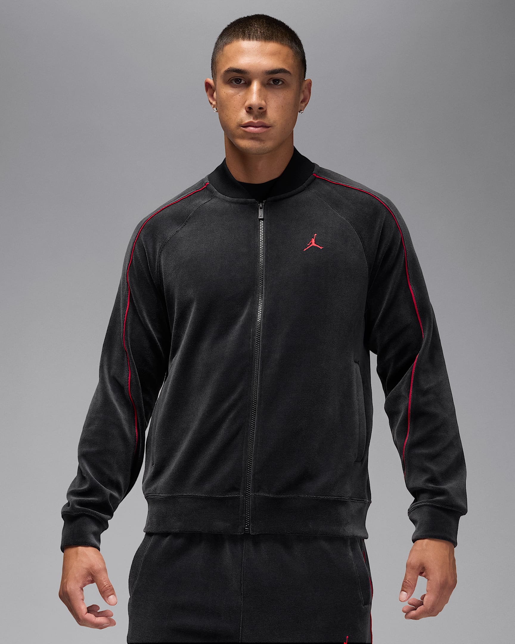 Jordan Brooklyn Men's Velour Tracksuit Jacket - Black/Gym Red