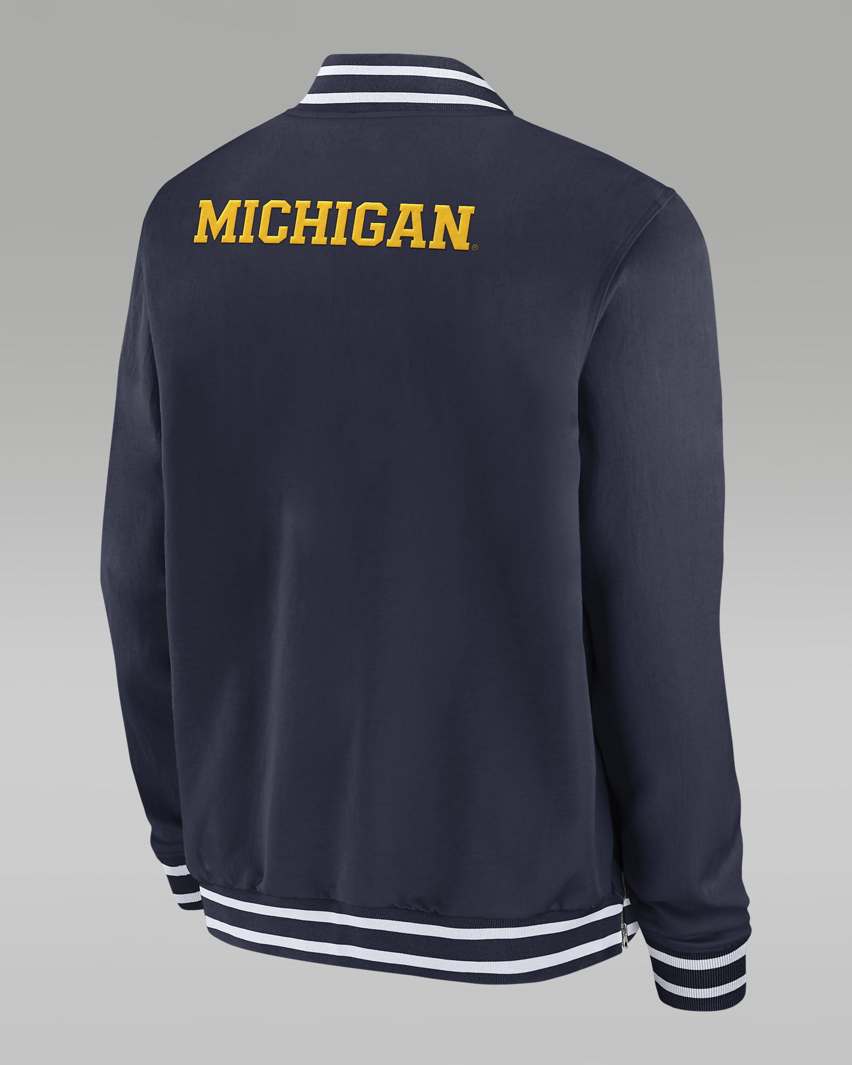 Chamarra bomber universitaria Jordan de cierre completo para hombre Michigan Wolverines Sideline - Azul marino universitario