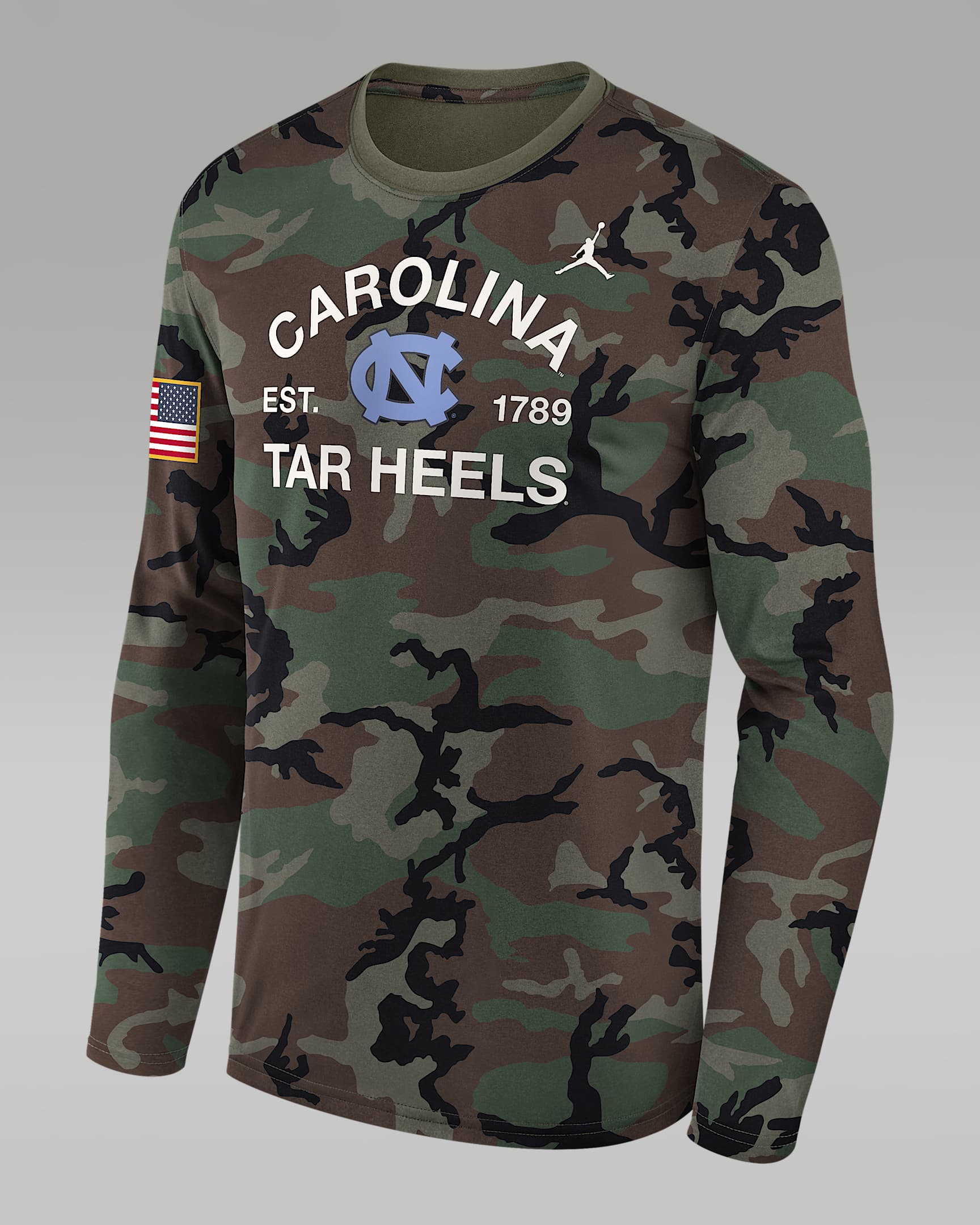North Carolina 2025 Military Appreciation Legend Men's Jordan Brand Dri-FIT College Long-Sleeve T-Shirt - Olive