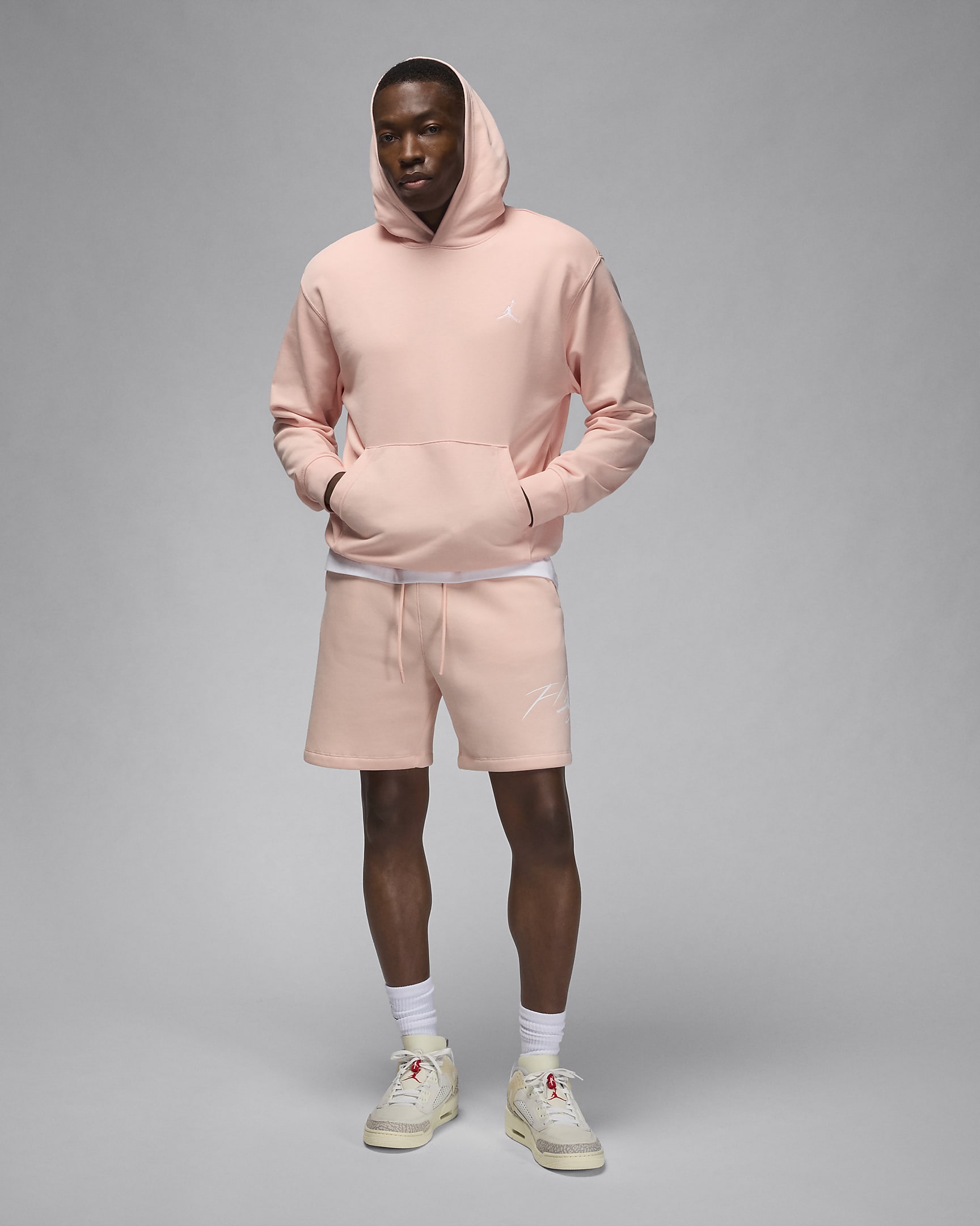 Huvtröja Jordan Essentials i loopback-fleece för män - Legend Pink/Vit