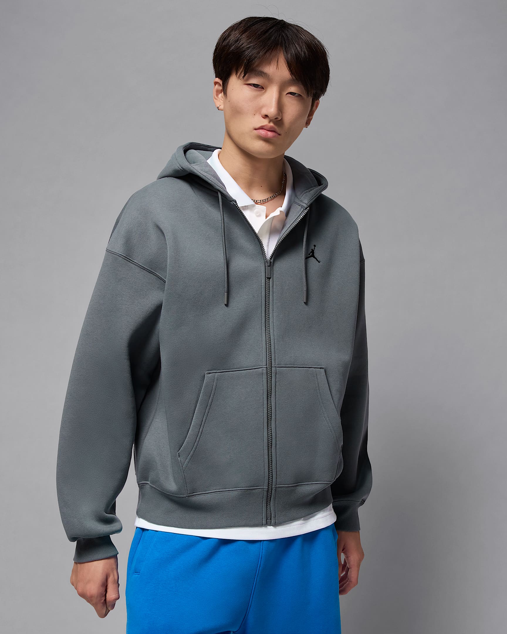Huvtröja Jordan Brooklyn Fleece i oversize-modell med hel dragkedja för män - Iron Grey/Svart