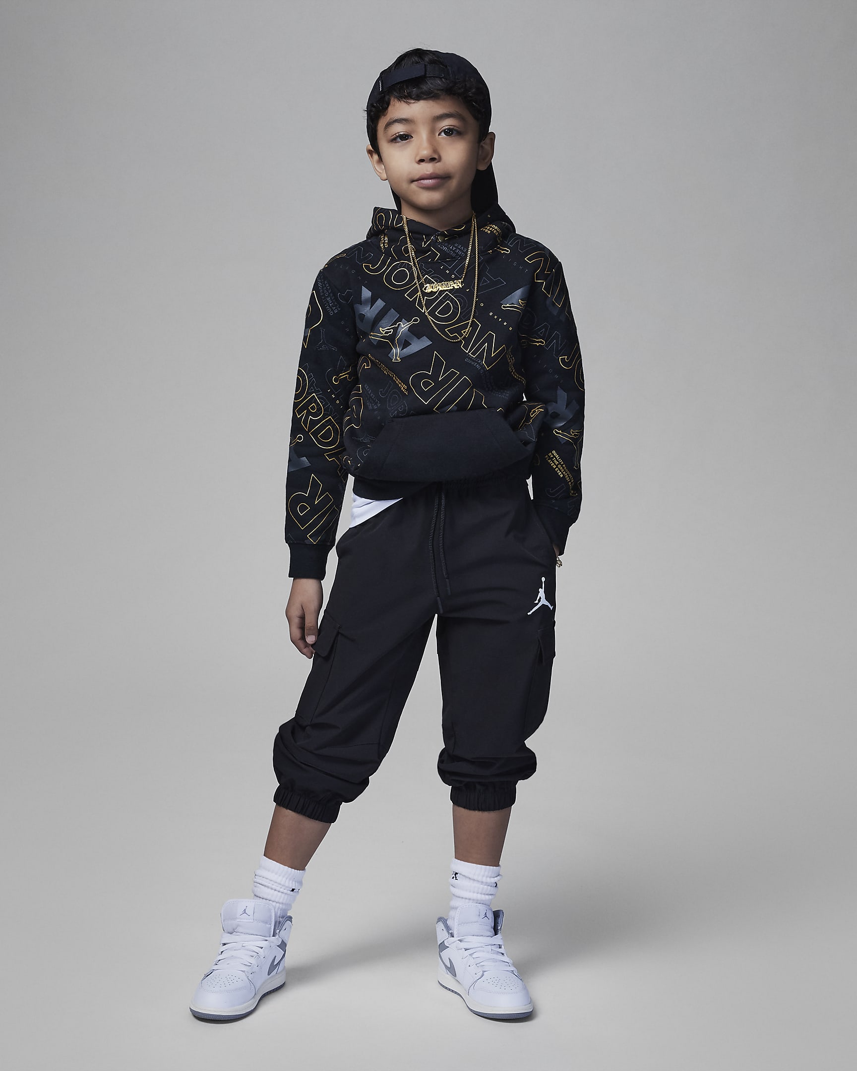 Jordan Air Black&Gold Pullover Hoodie Little Kids' Hoodie. Nike JP