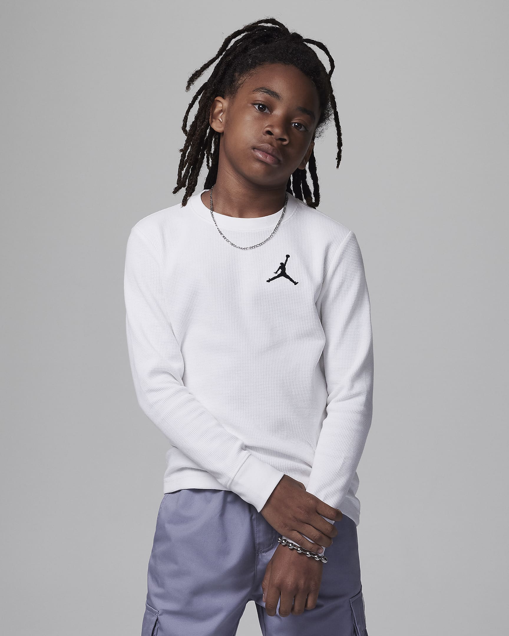 Jordan MJ Essentials Waffle Knit Long Sleeve Tee Big Kids T-Shirt - Sail
