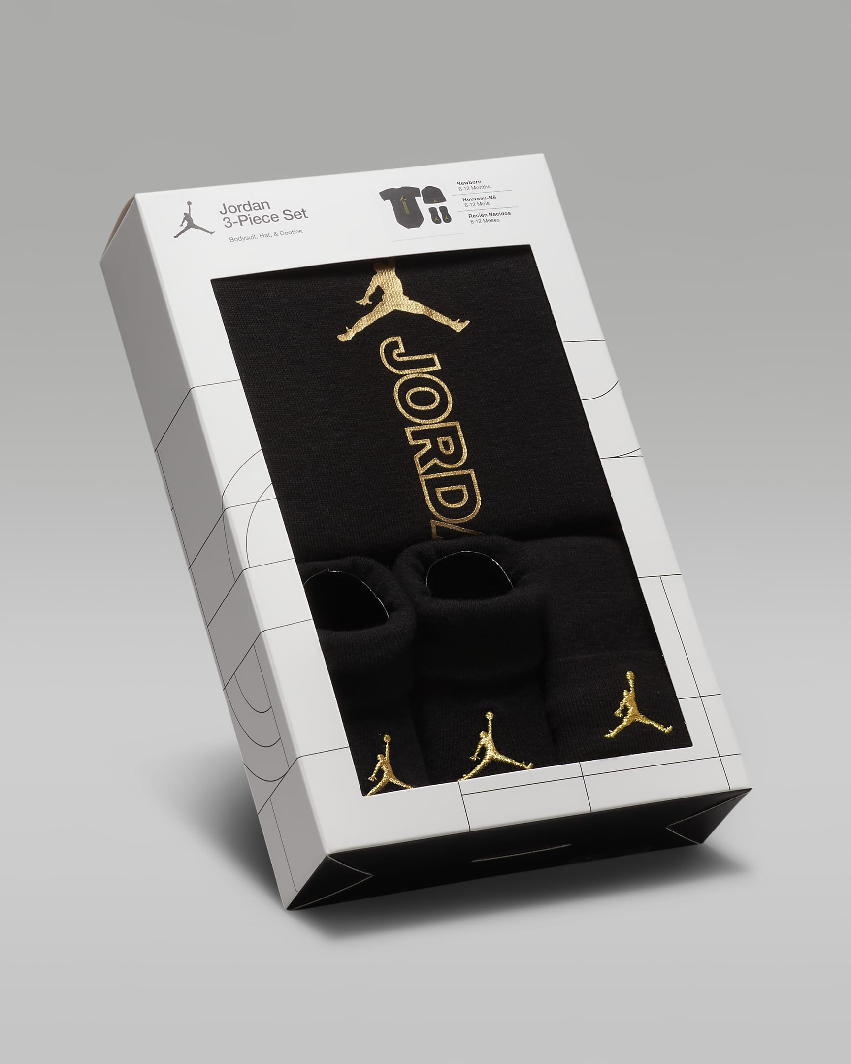 Jordan Black & Gold Bodysuit, Hat and Booties Box Set Baby Set. Nike HU