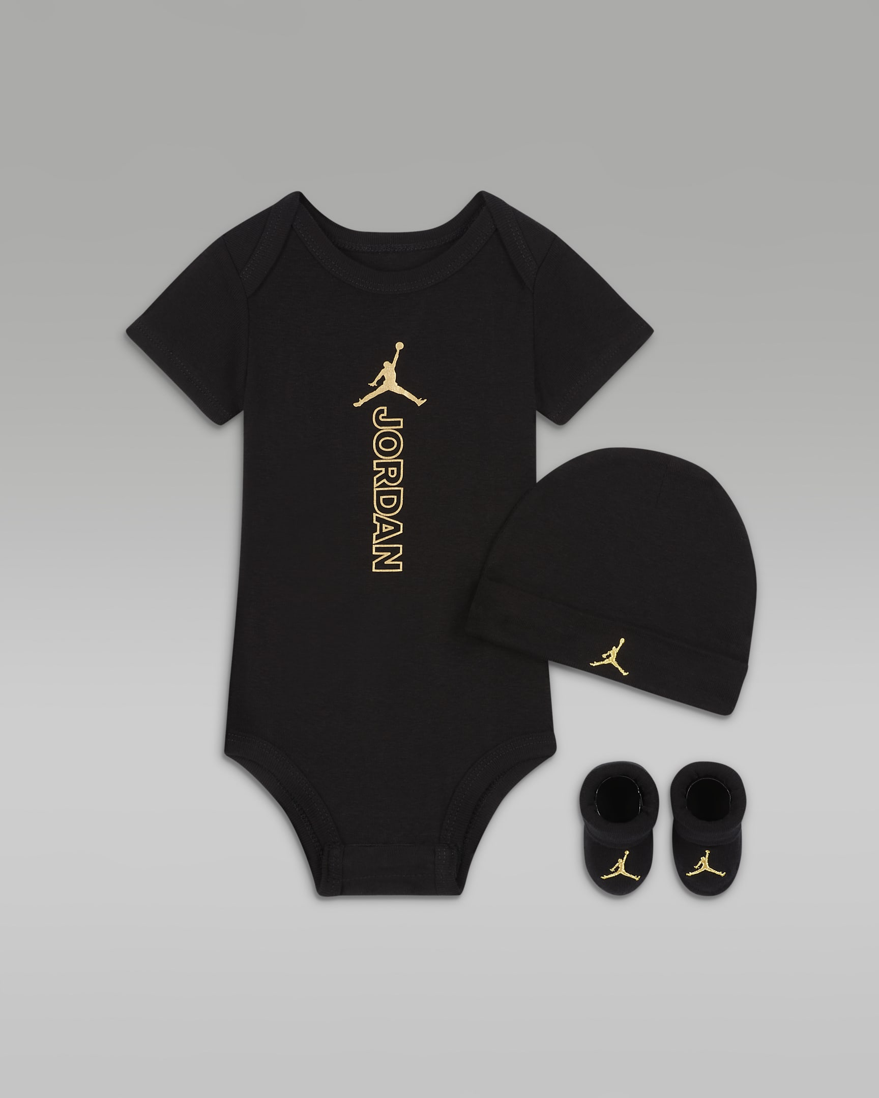 Jordan Black & Gold Bodysuit, Hat and Booties Box Set Baby Set. Nike HU