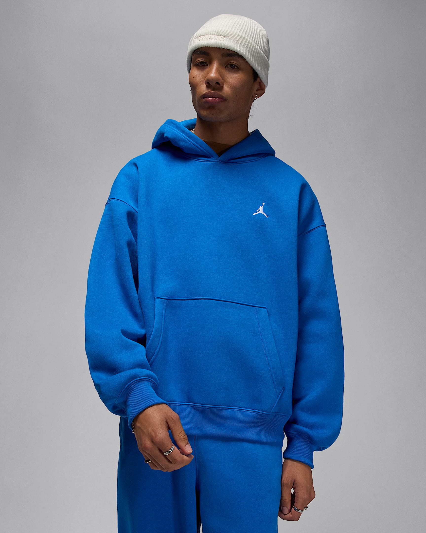 Huvtröja Jordan Brooklyn Fleece i oversize-modell för män - Sport Blue/Vit