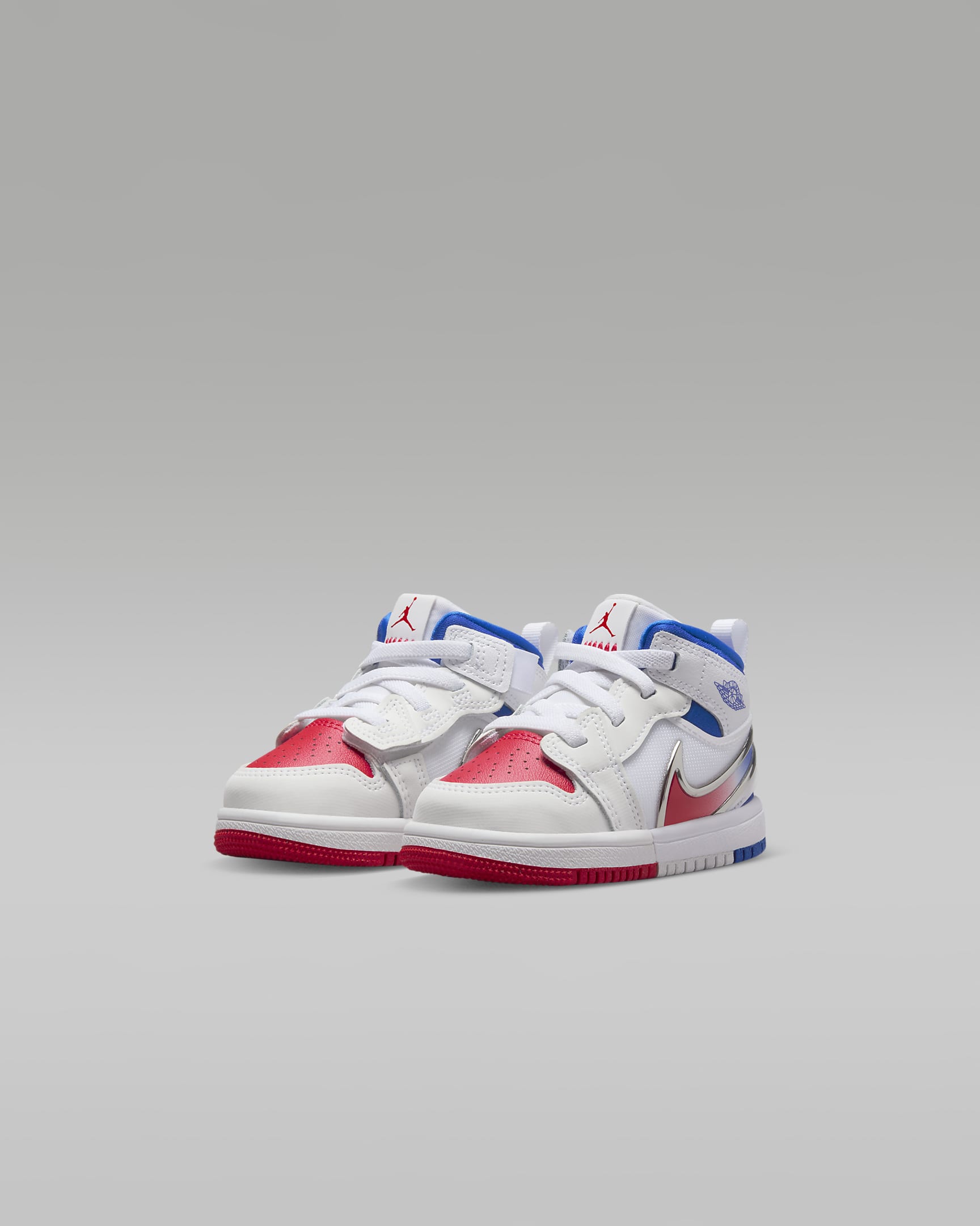 Tenis para bebé e infantil Jordan 1 Mid RM EasyOn - Blanco/Azul carrera/Rojo sirena