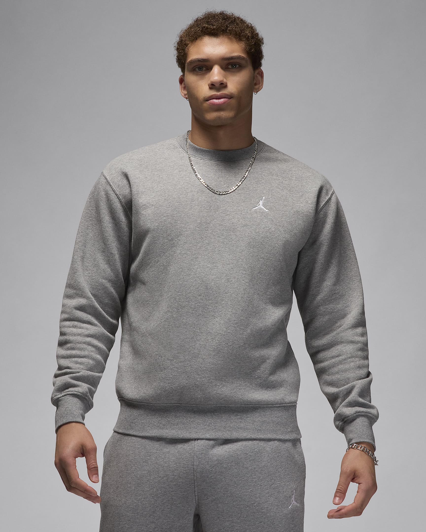 Jordan Brooklyn Fleece kerek nyakkivágású férfipulóver - Carbon Heather/Fehér