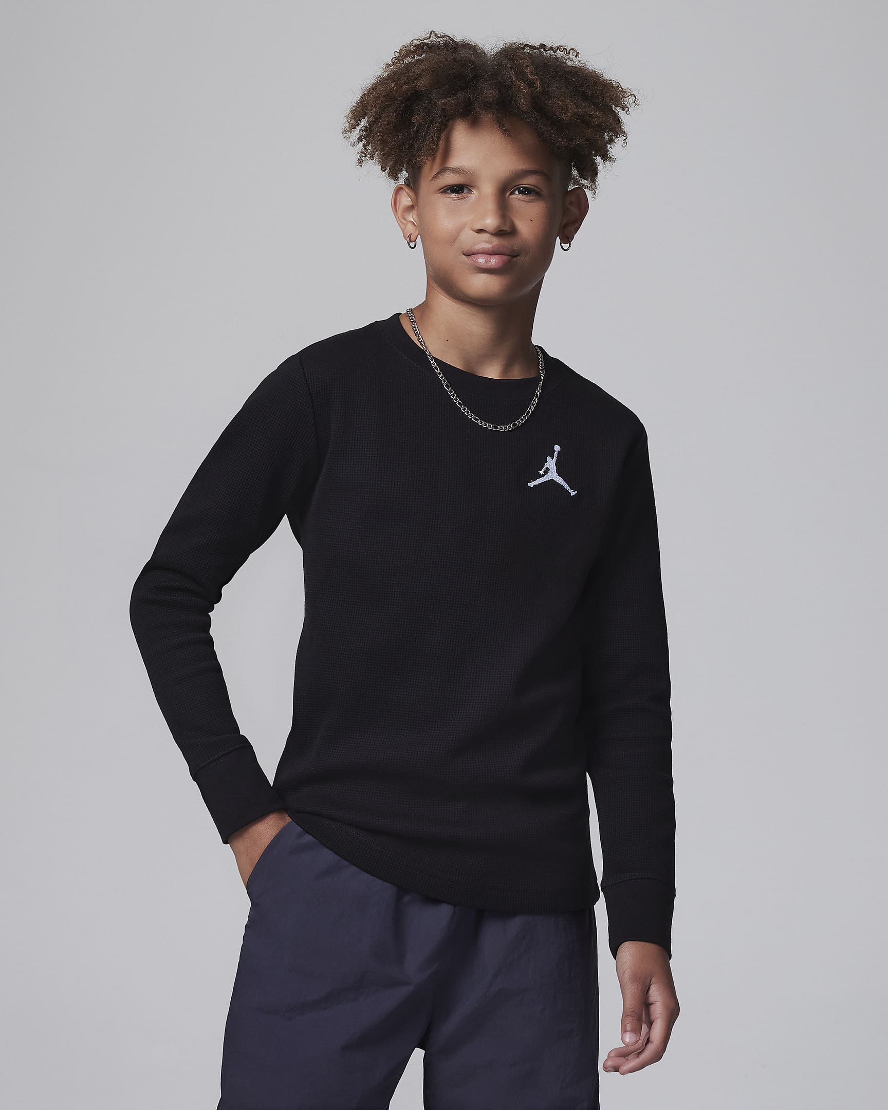 Jordan MJ Essentials Waffle Knit Long Sleeve Tee Big Kids T-Shirt - Black