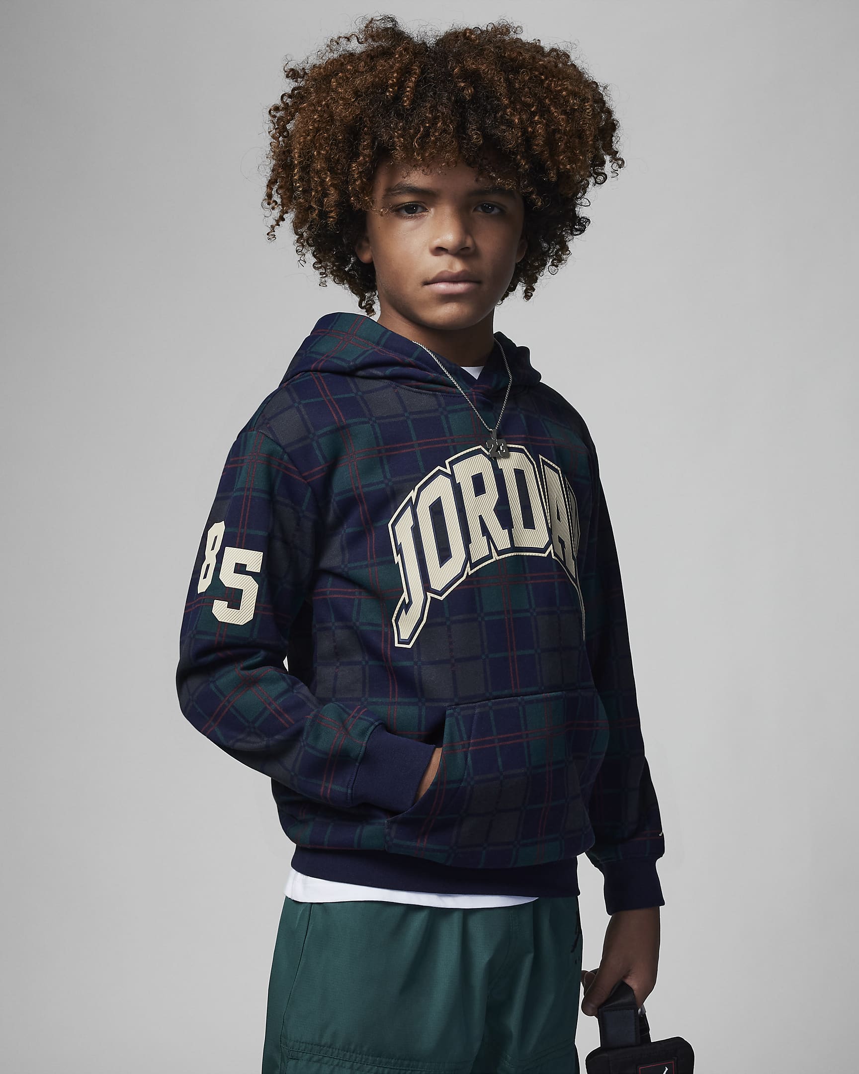 Brooklyn Fleece Plaid Pullover Hoodie Big Kids' Hoodie - Obsidian