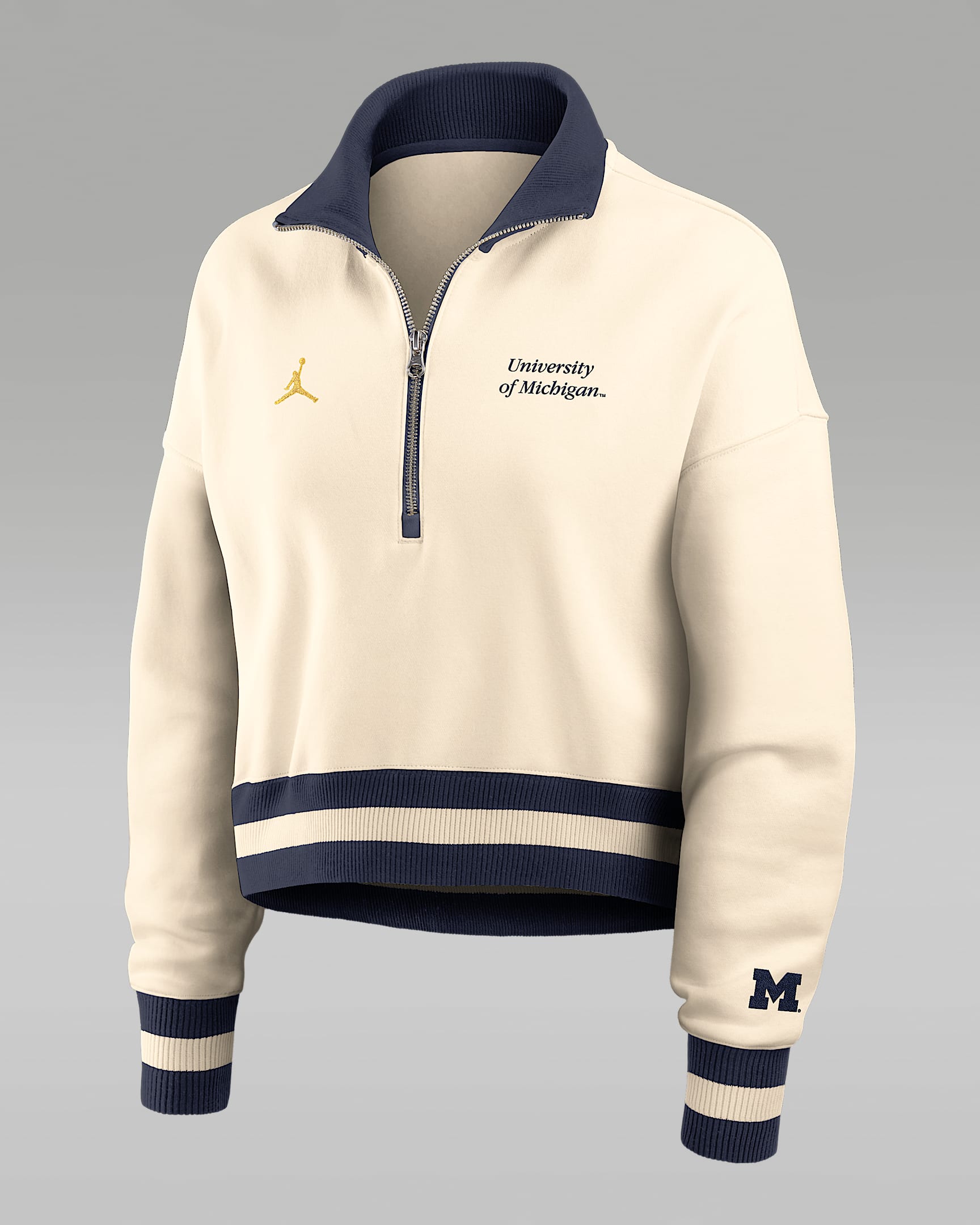 Sudadera de cuello redondo universitaria marca Jordan cropped de cierre de 1/4 para mujer Michigan Legacy - Tostado/Beige
