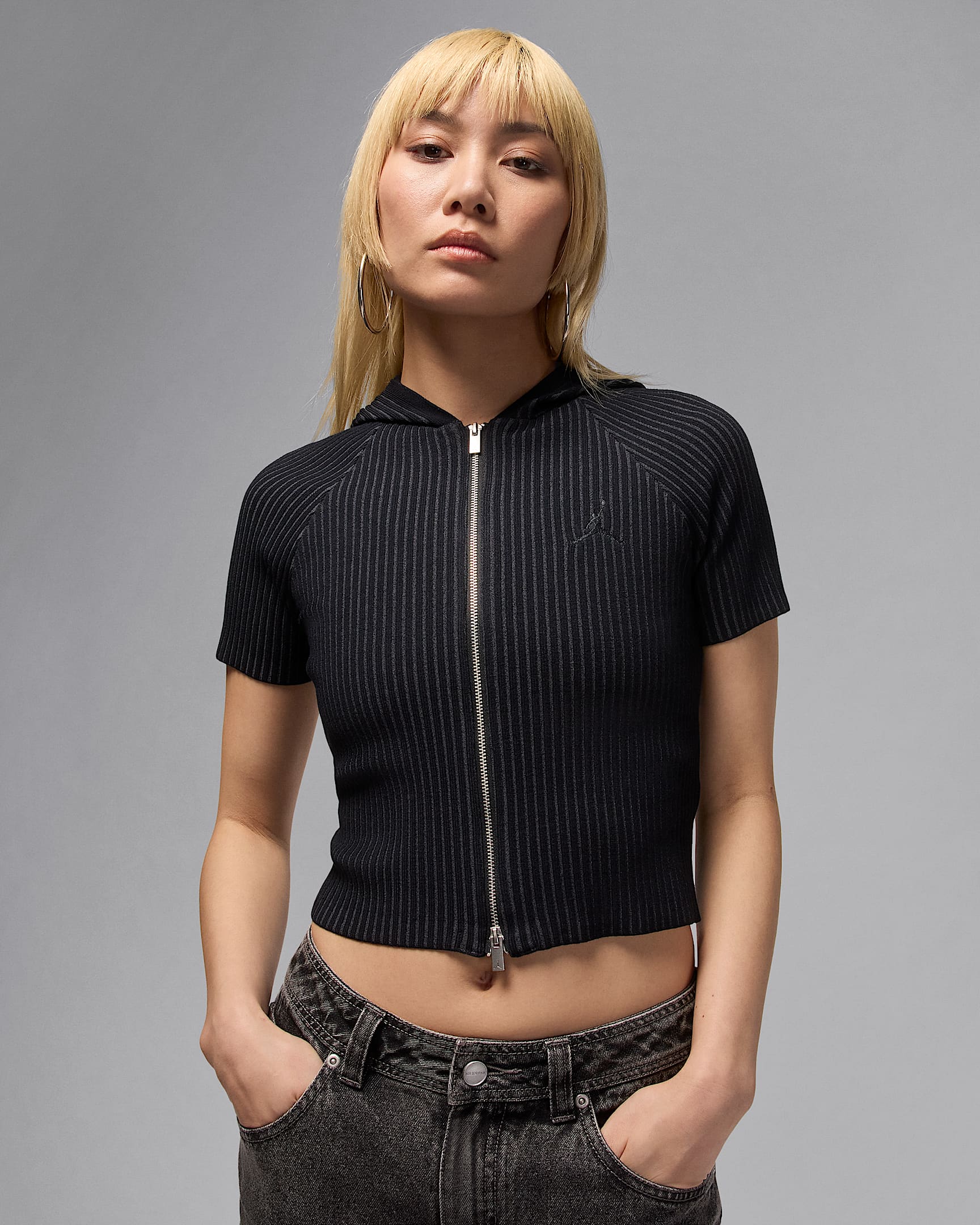 Jordan Flight Strickoberteil mit durchgehendem Reißverschluss (Damen) - Schwarz/Iron Grey/Schwarz