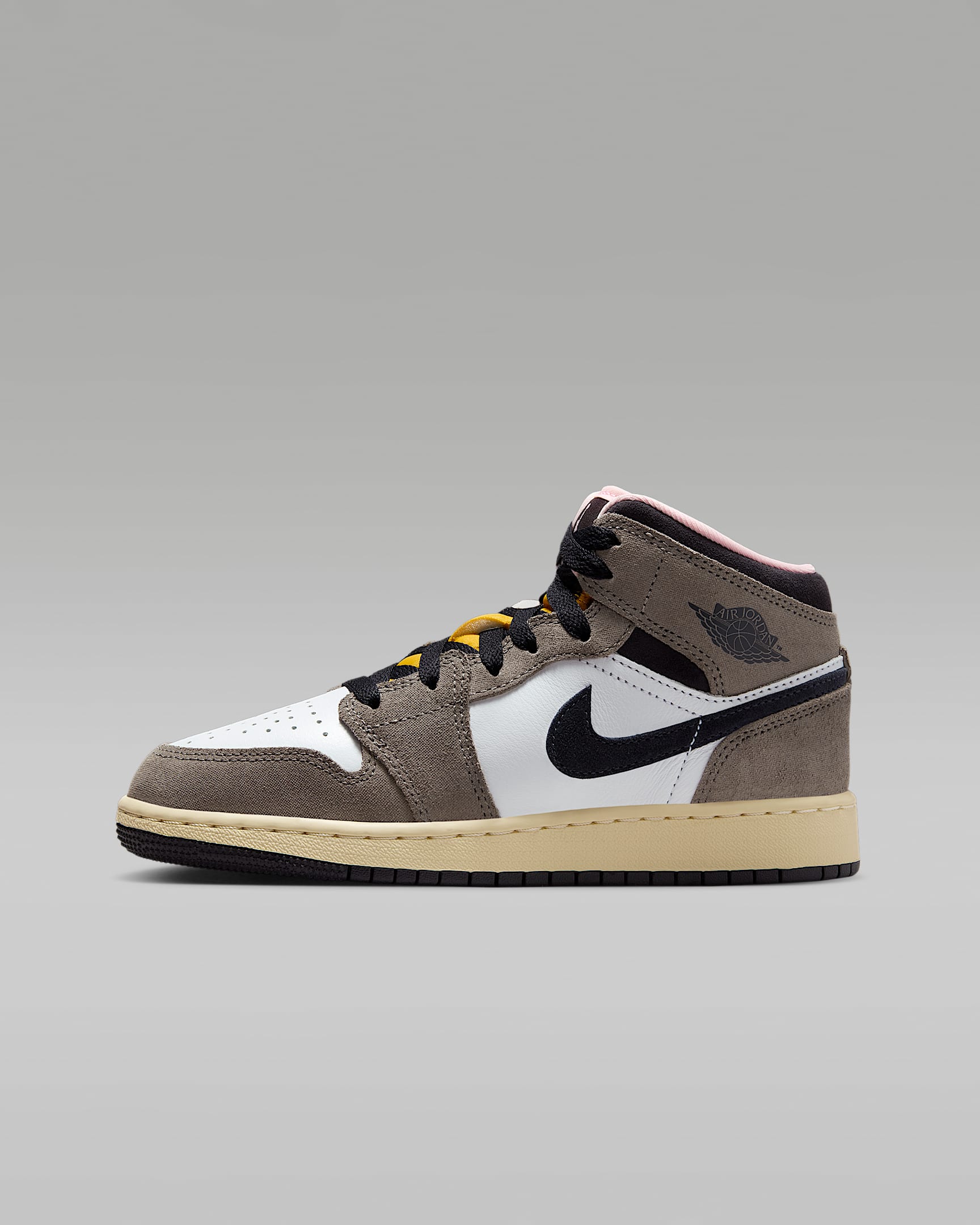 Air Jordan 1 Mid SE Genç Çocuk Ayakkabısı - Beyaz/Cave Stone/Dark Sulfur/Oil Grey