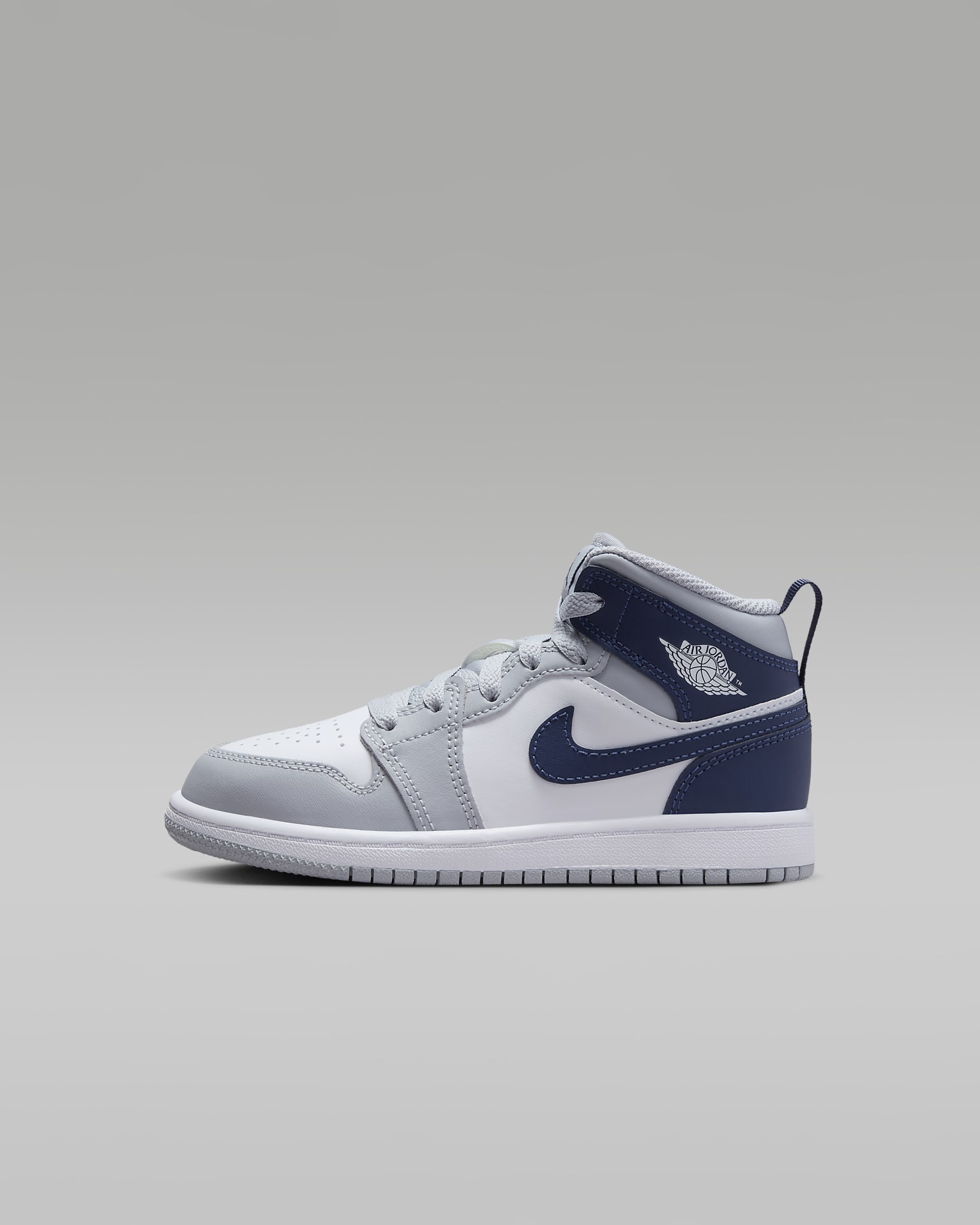 Jordan 1 Mid Younger Kids' Shoes - White/Wolf Grey/Midnight Navy