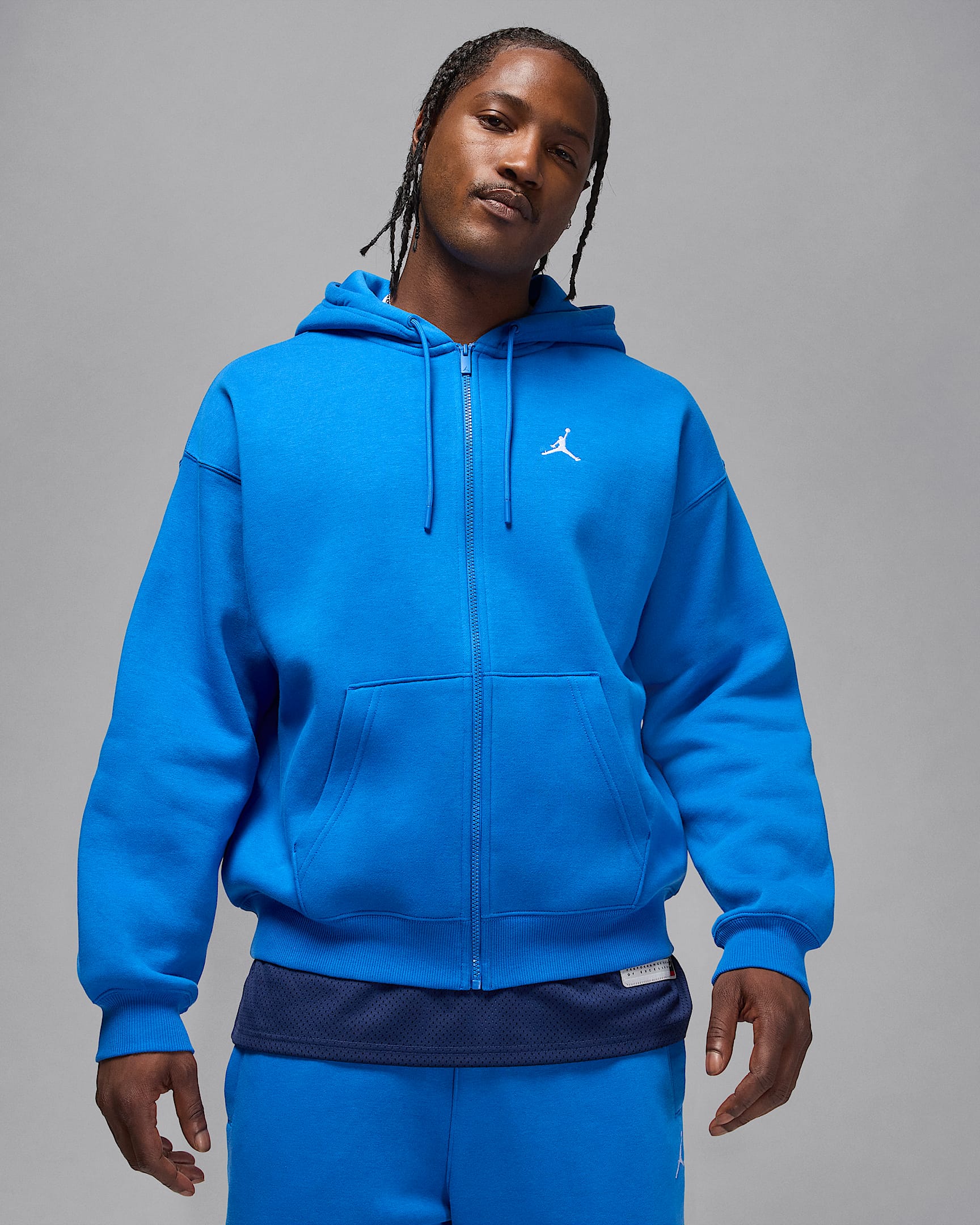 Jordan Brooklyn Fleece túlméretezett, hosszú cipzáras, kapucnis férfipulóver - Sport Blue/Fehér