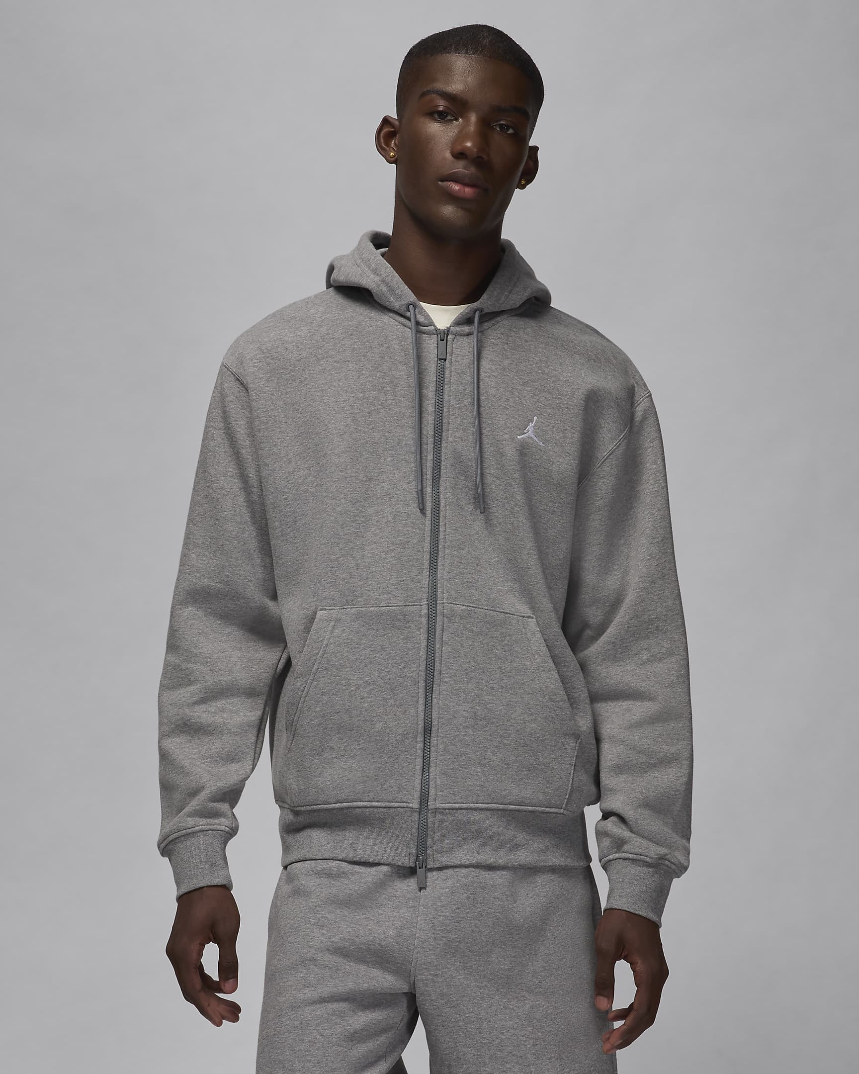 Jordan Brooklyn Fleece Tam Boy Fermuarlı Erkek Kapüşonlu Üstü - Carbon Heather/Beyaz