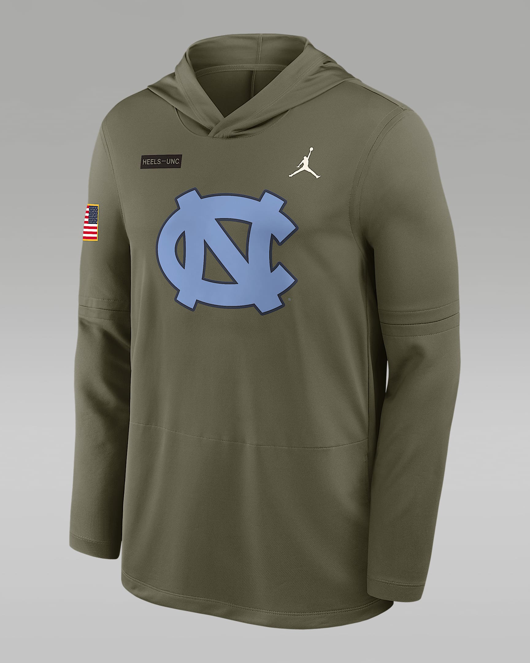 North Carolina 2025 Military Appreciation Men's Jordan Brand Dri-FIT College Long-Sleeve Hooded Top - Olive