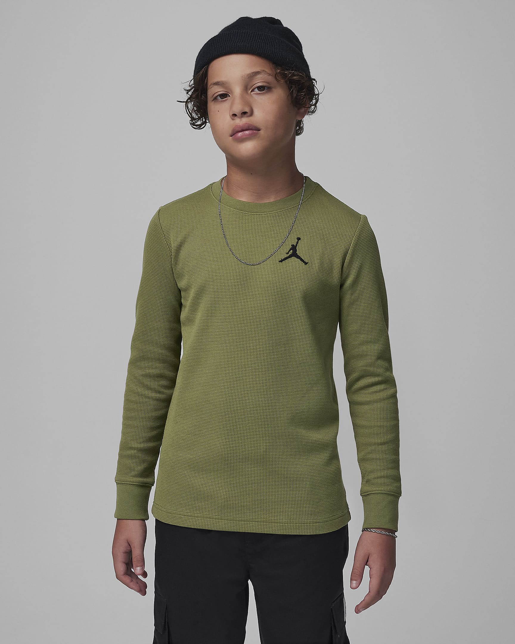 Jordan MJ Essentials Waffle Knit Long Sleeve Tee Big Kids T-Shirt - Sky J Light Olive