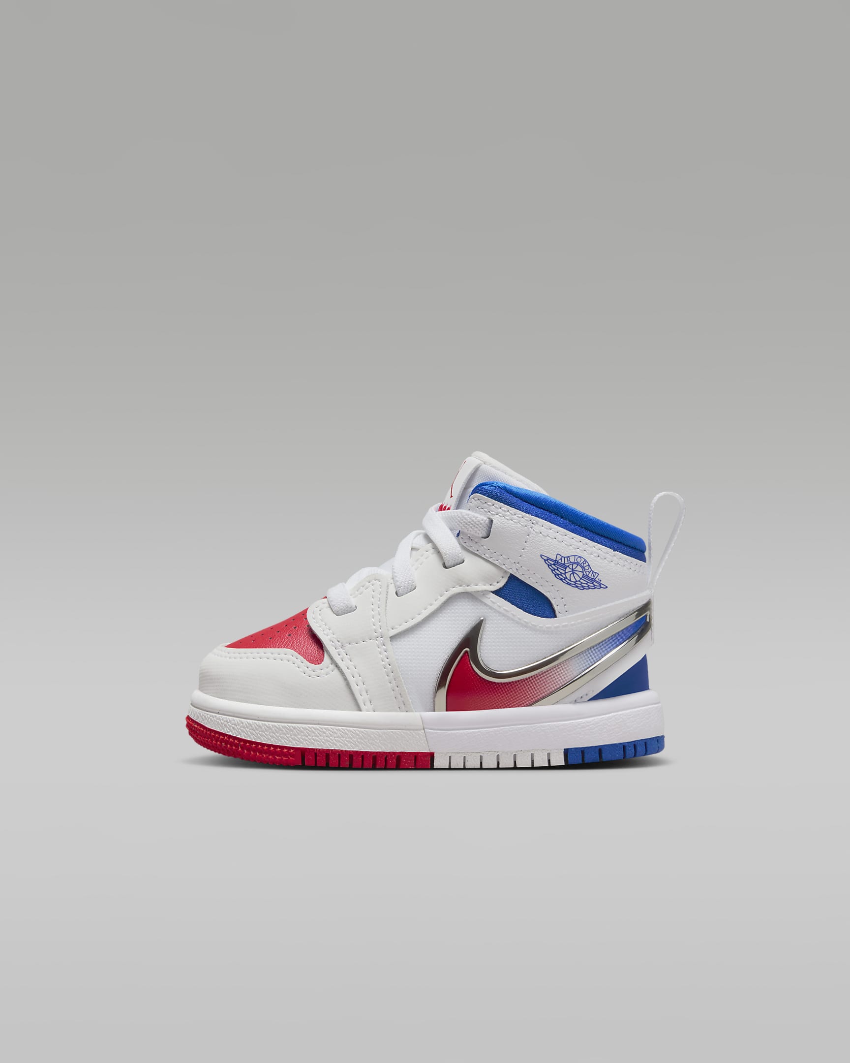 Tenis para bebé e infantil Jordan 1 Mid RM EasyOn - Blanco/Azul carrera/Rojo sirena