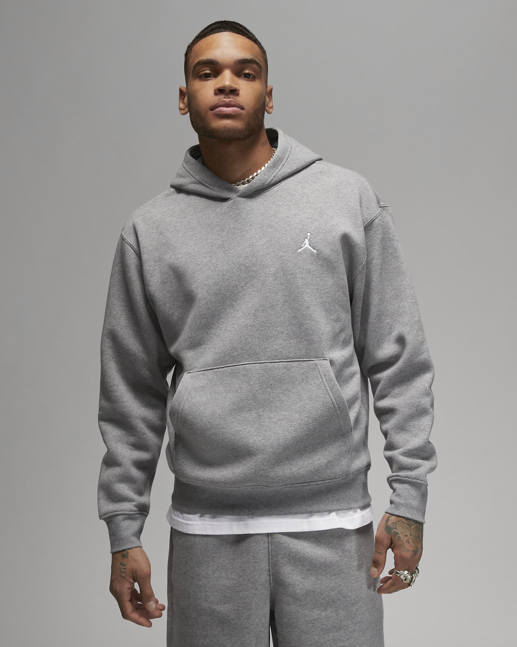 Jordan Brooklyn Fleece hettegenser med trykk til herre - Carbon Heather/Hvit