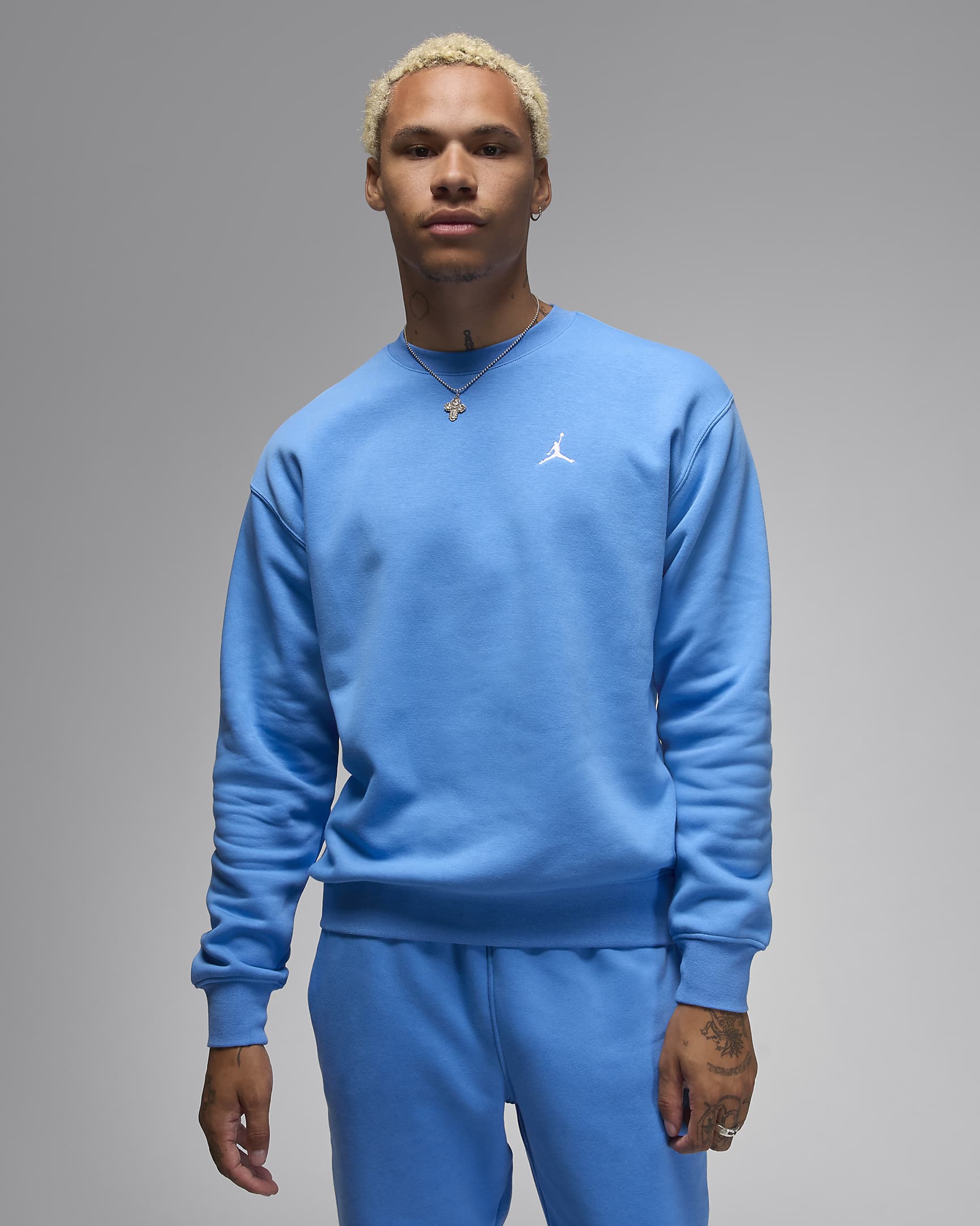 Sweat à col ras-du-cou en tissu Fleece Jordan Brooklyn pour homme - Legend Blue/Blanc