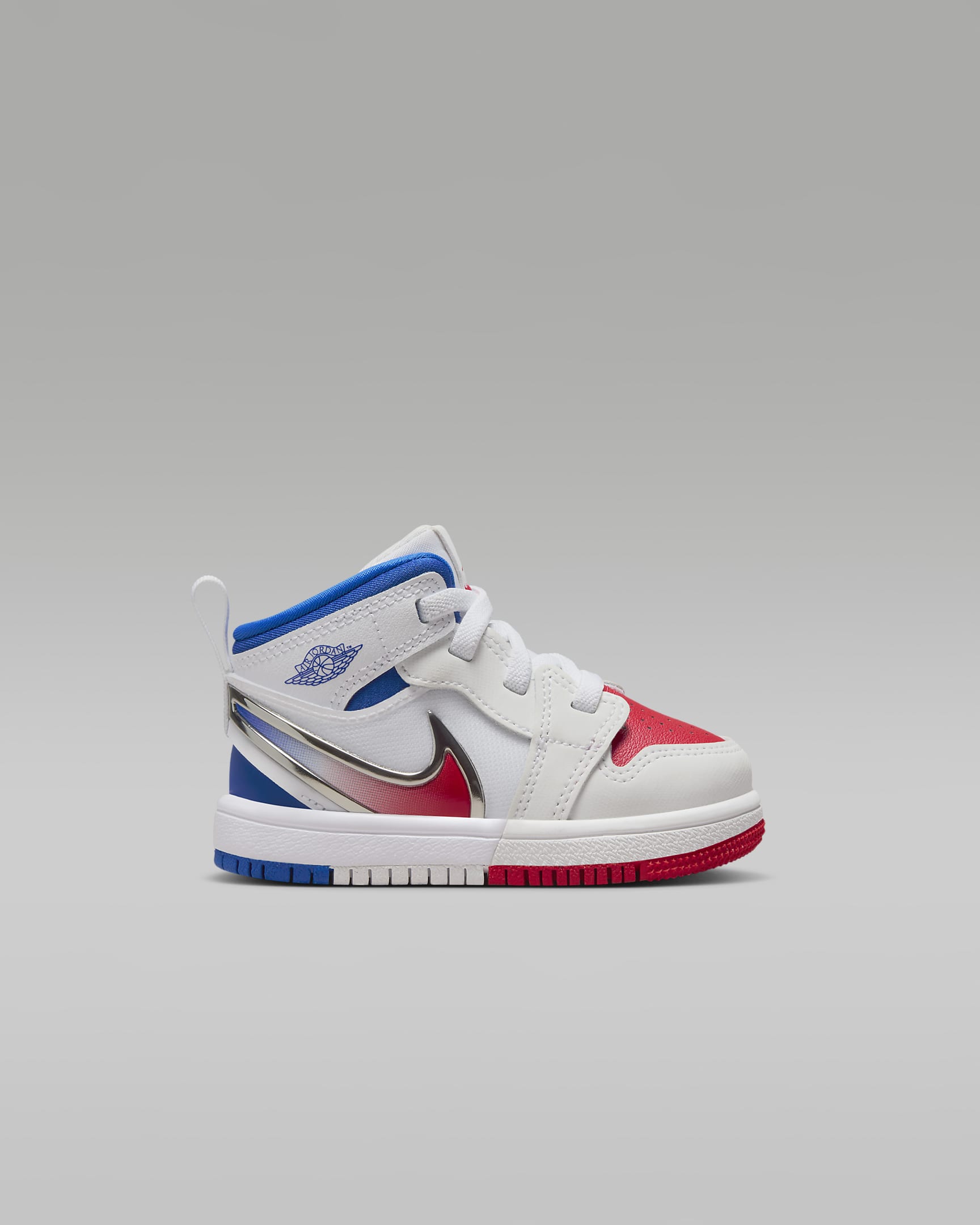 Tenis para bebé e infantil Jordan 1 Mid RM EasyOn - Blanco/Azul carrera/Rojo sirena