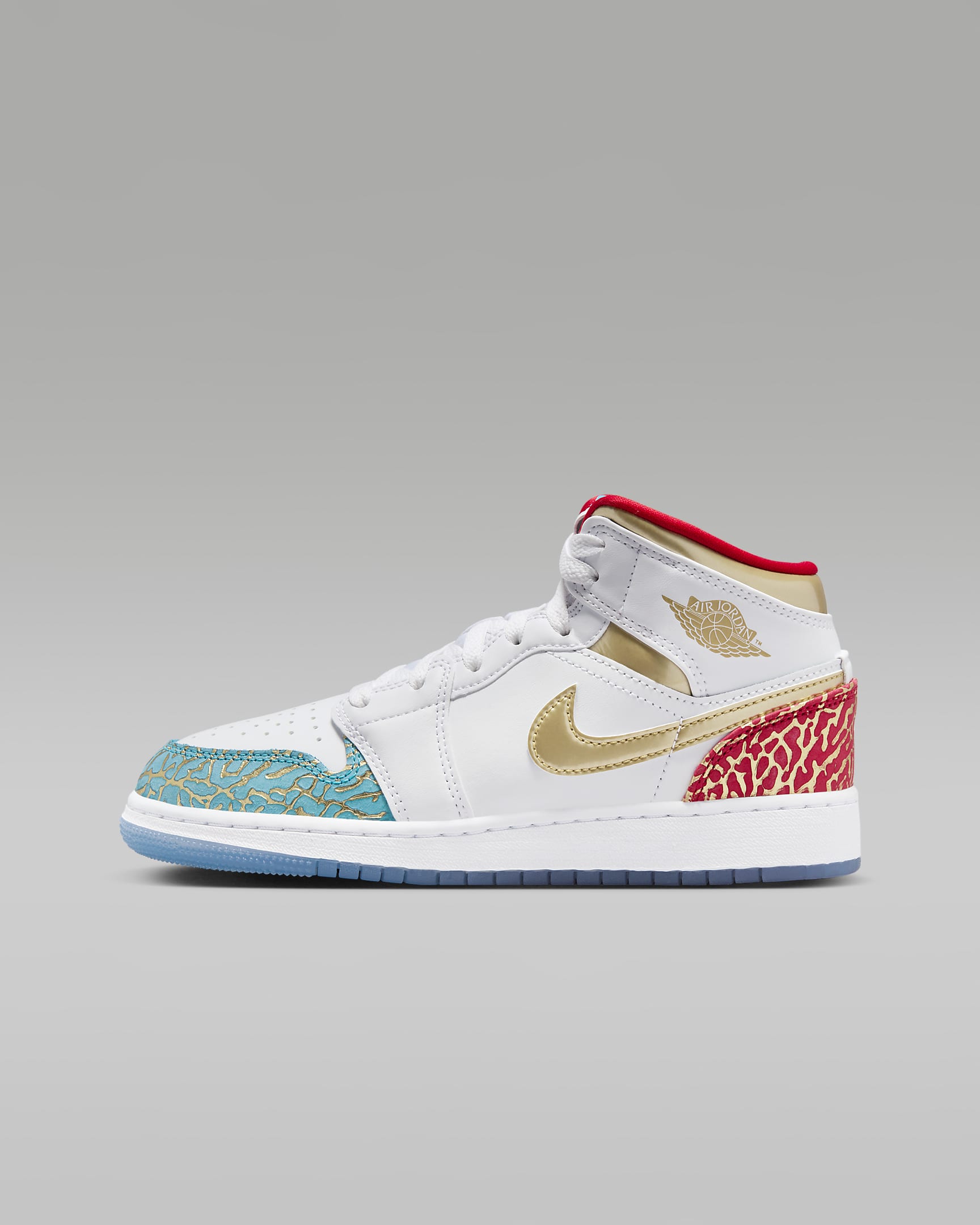 Air Jordan 1 Mid Sneaker School Older Kids' Shoes - White/University Red/Blue Lightning/Metallic Gold