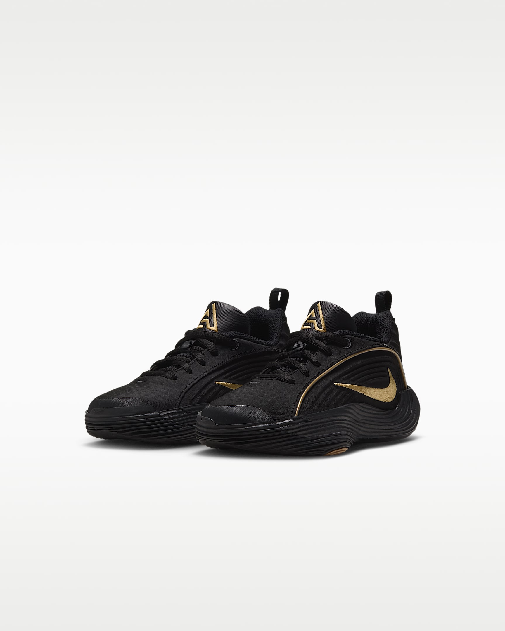 Tenis de básquetbol para niños de preescolar Giannis Immortality 5 - Negro/Marrón claro goma/Volt/Oro metalizado