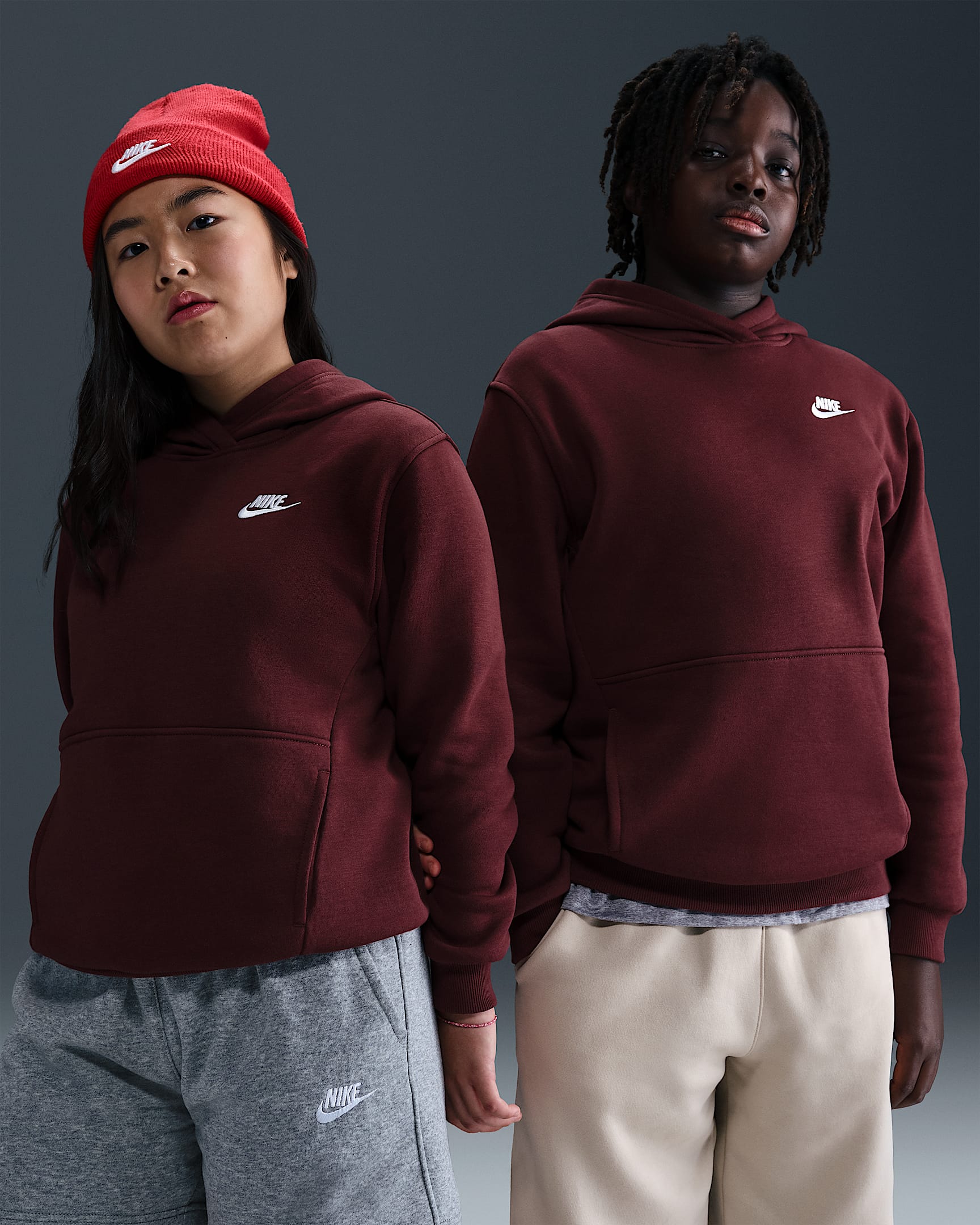 Nike Sportswear Club Fleece Big Kids' Pullover Hoodie (Extended Size) - Dark Team Red/White