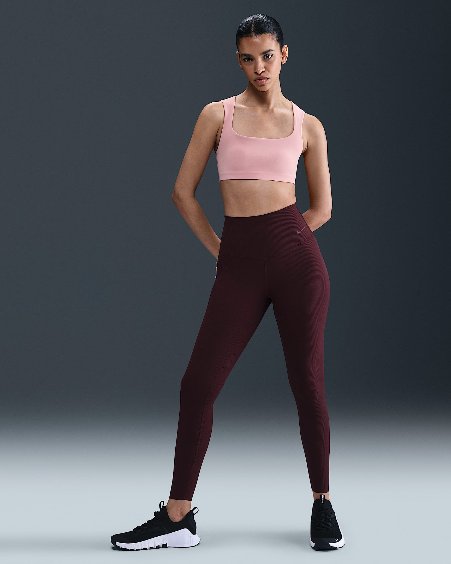 Nike Zenvy Rib Women's Gentle-Support High-Waisted 7/8 Leggings - Burgundy Crush/White