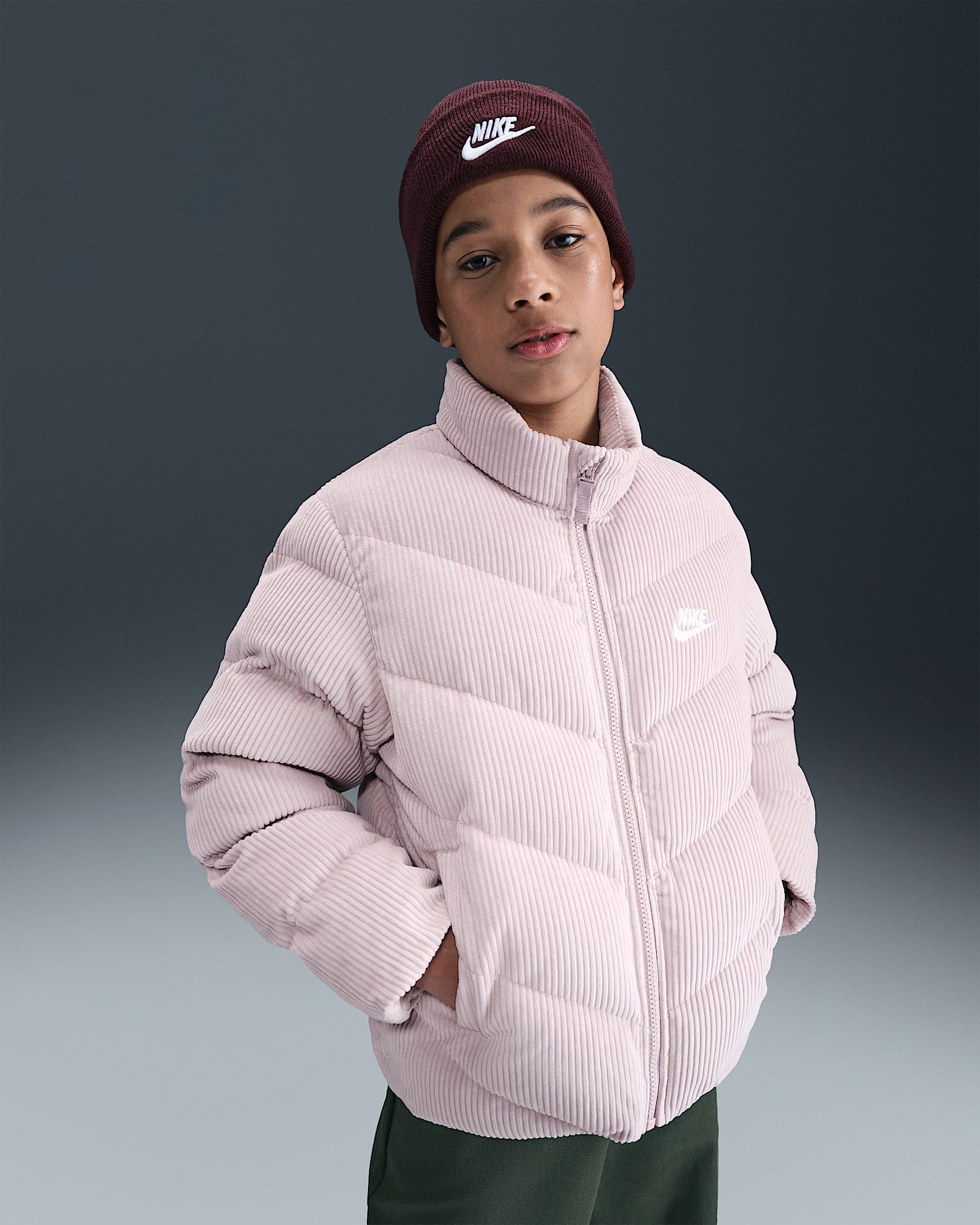 Nike Sportswear All Day Play Big Kids' Therma-FIT Loose-Fit Puffer Jacket - Platinum Violet/White
