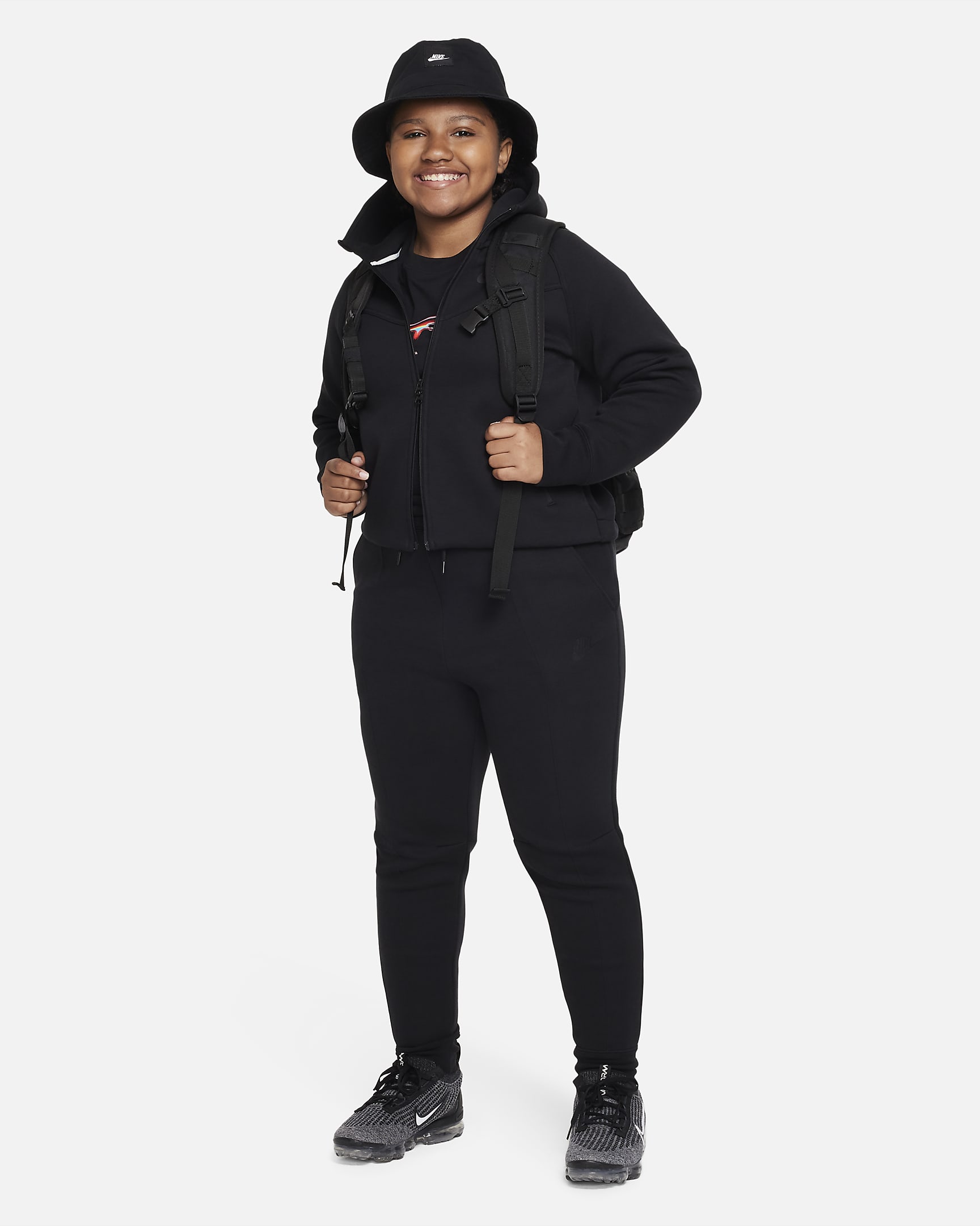 Nike Sportswear Tech Fleece Older Kids' (Girls') Full-Zip Hoodie (Extended Size) - Black/Black/Black