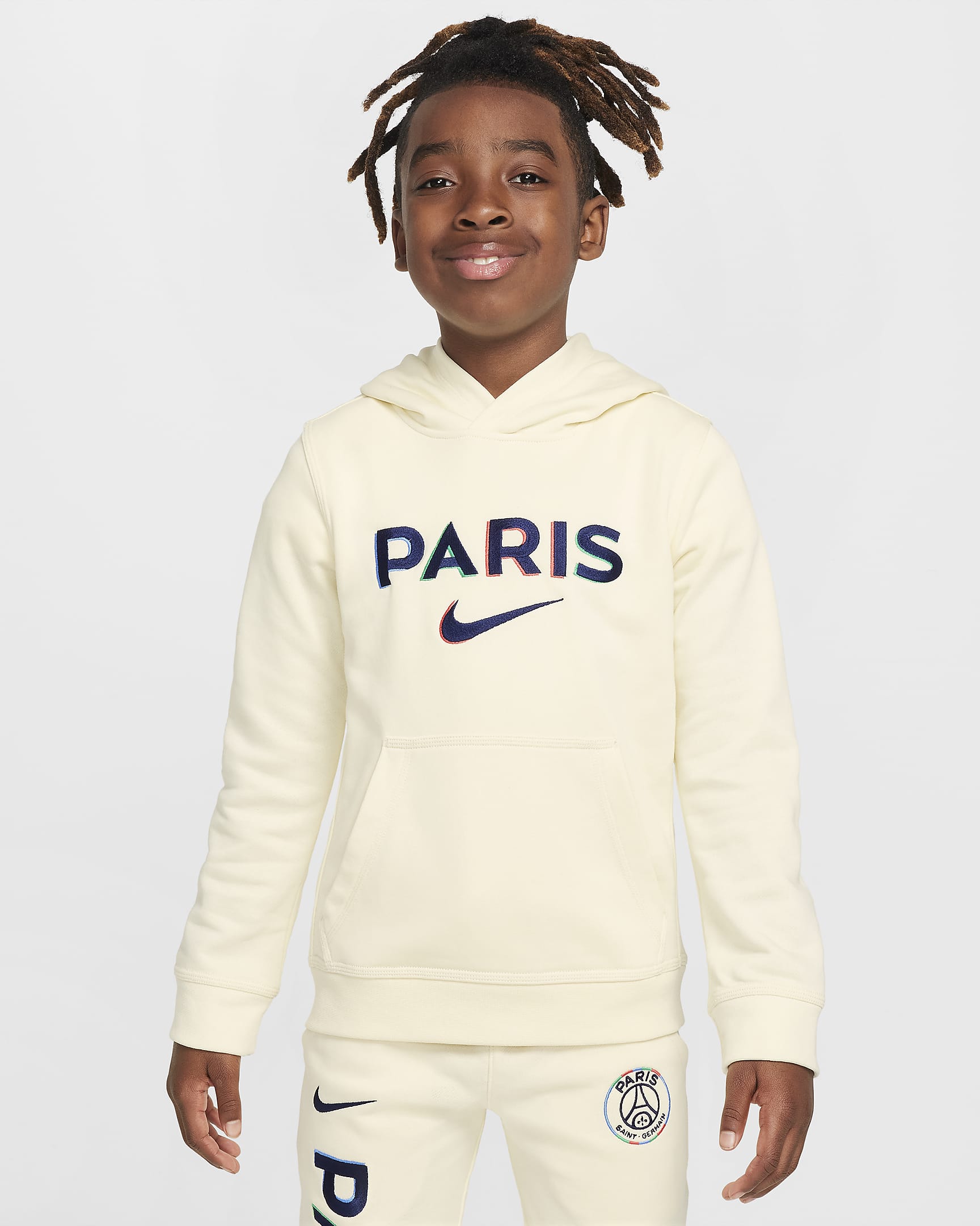 Paris Saint-Germain Club Nike Genç Çocuk (Erkek) Futbol Kapüşonlu Sweatshirt'ü - Coconut Milk/Midnight Navy