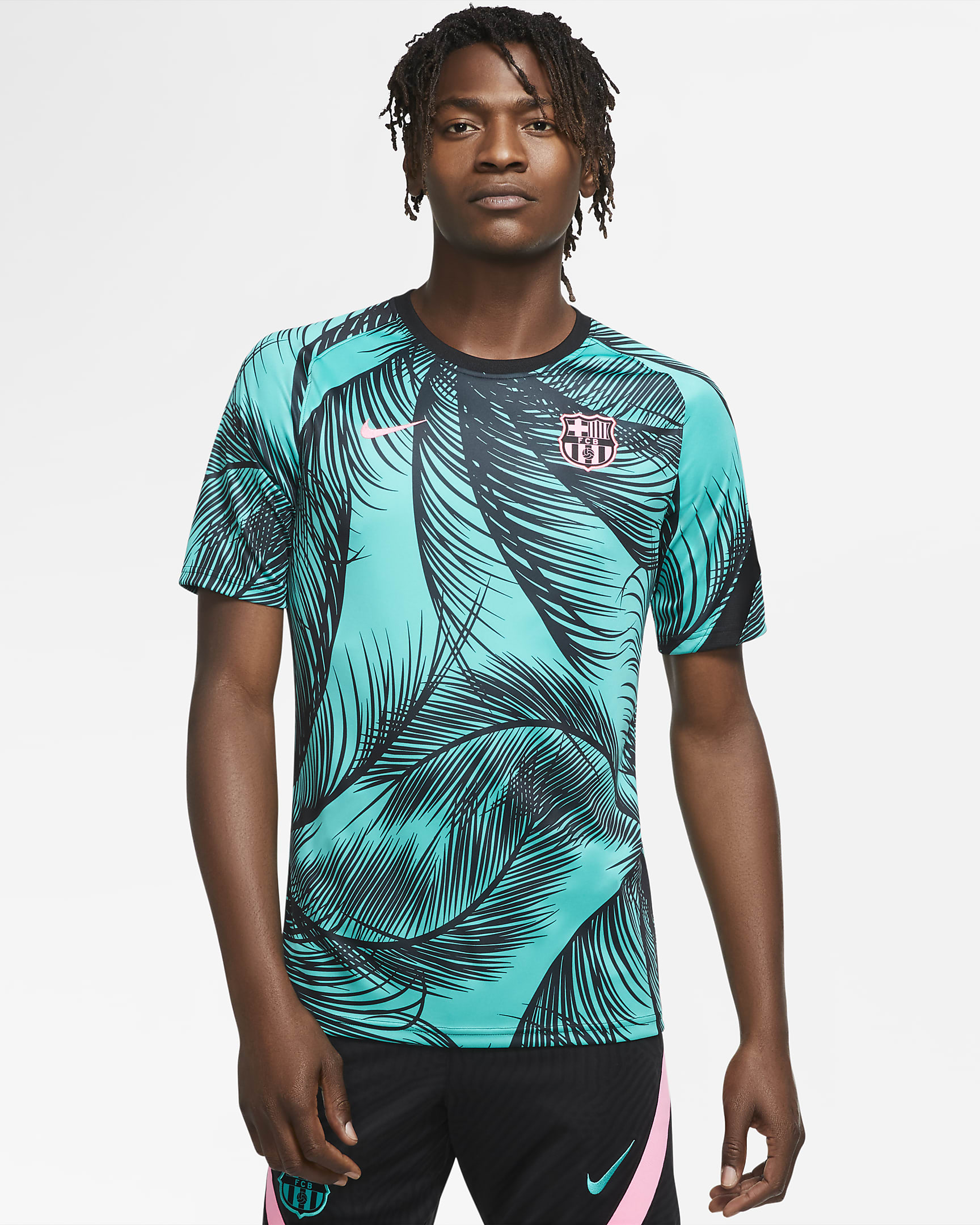 FC Barcelona Men's Pre-Match Short-Sleeve Soccer Top - New Green/Black/Pink Beam