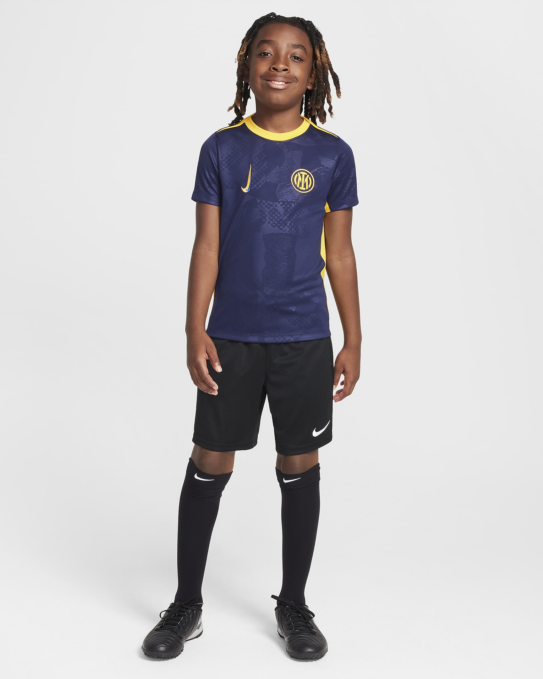 Przedmeczowa koszulka piłkarska dla dużych dzieci Nike Dri-FIT Inter Mediolan Academy Pro (wersja trzecia) - Blackened Blue/University Gold/Lyon Blue