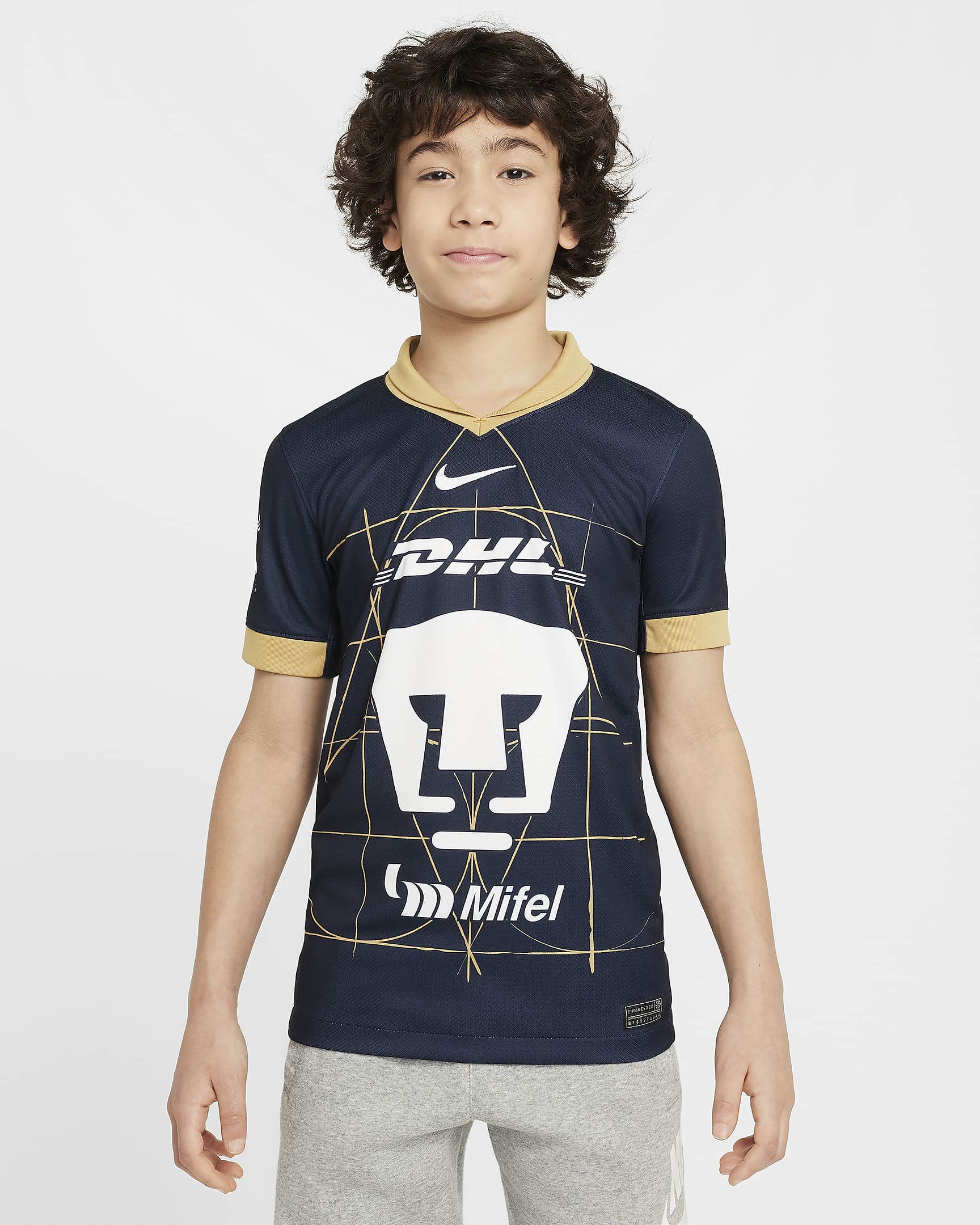 Pumas UNAM 2024/25 Stadium Away Big Kids' Nike Dri-FIT Soccer Replica Jersey - Obsidian/Truly Gold/White