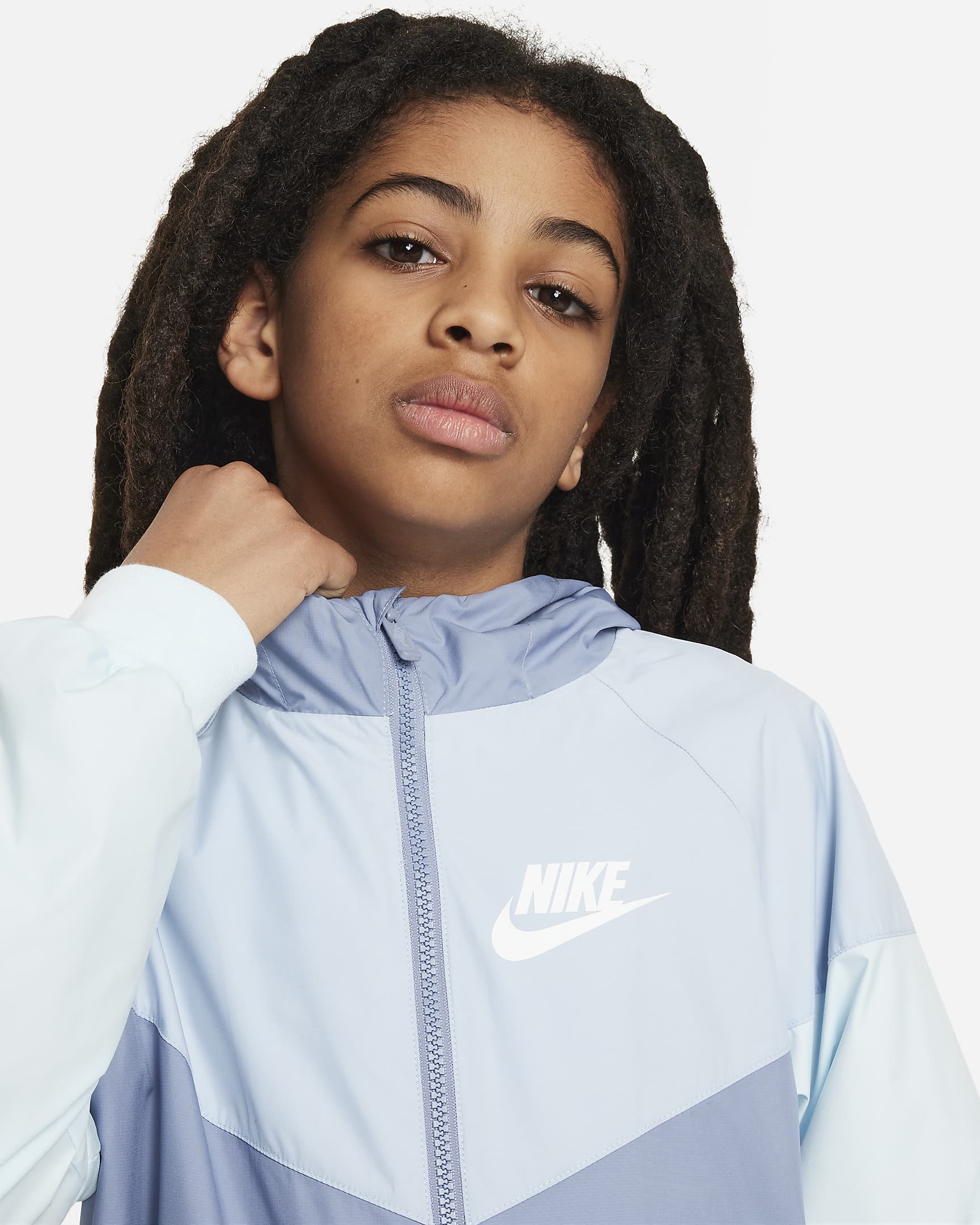 Nike Sportswear Windrunner Jaqueta amb caputxa d'ajust ample fins als malucs - Nen - Ashen Slate/Light Armory Blue/Glacier Blue/Blanc