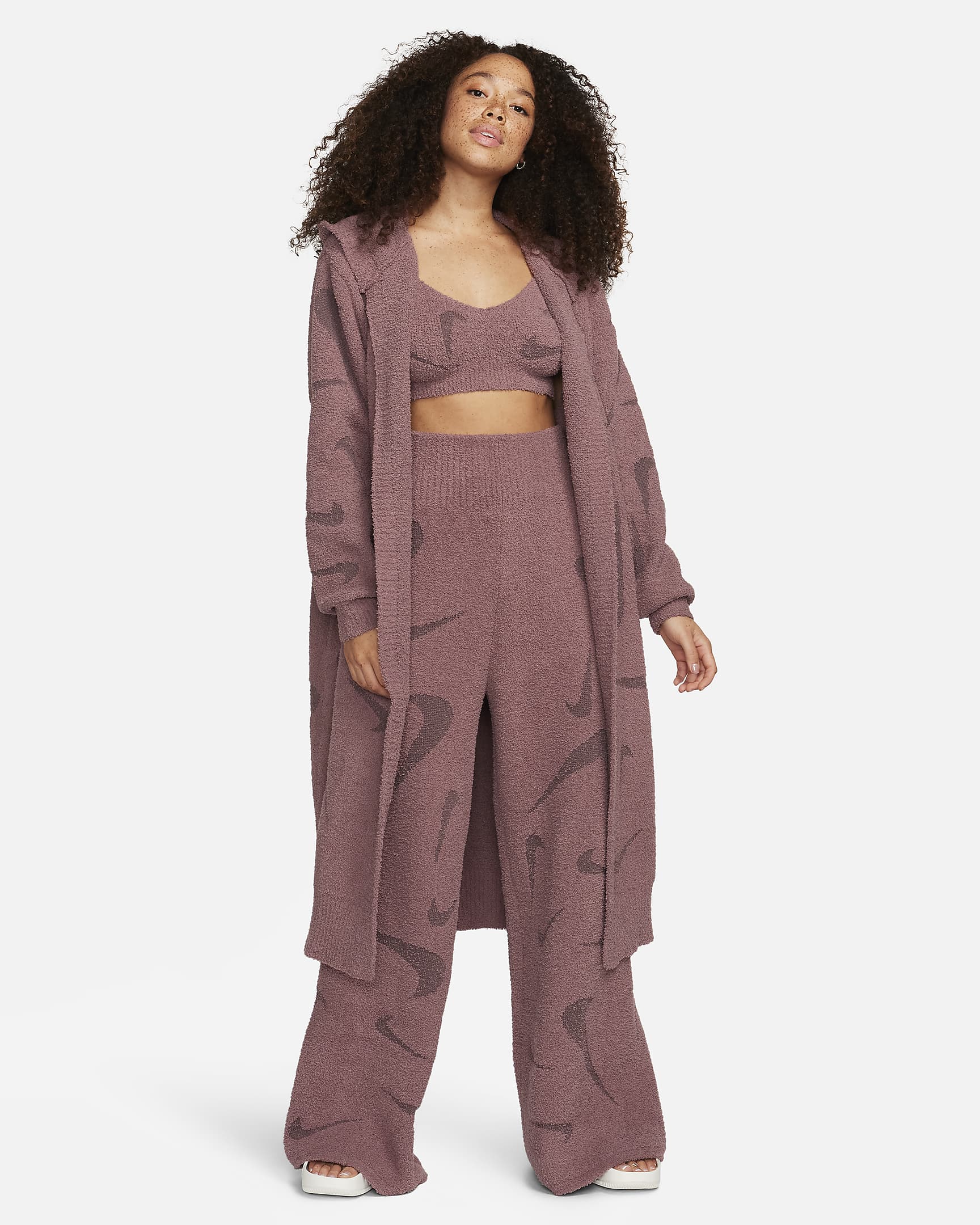 Nike Sportswear Phoenix Cosy Bouclé Women's High-Waisted Wide-Leg Knit Trousers - Smokey Mauve/Plum Eclipse