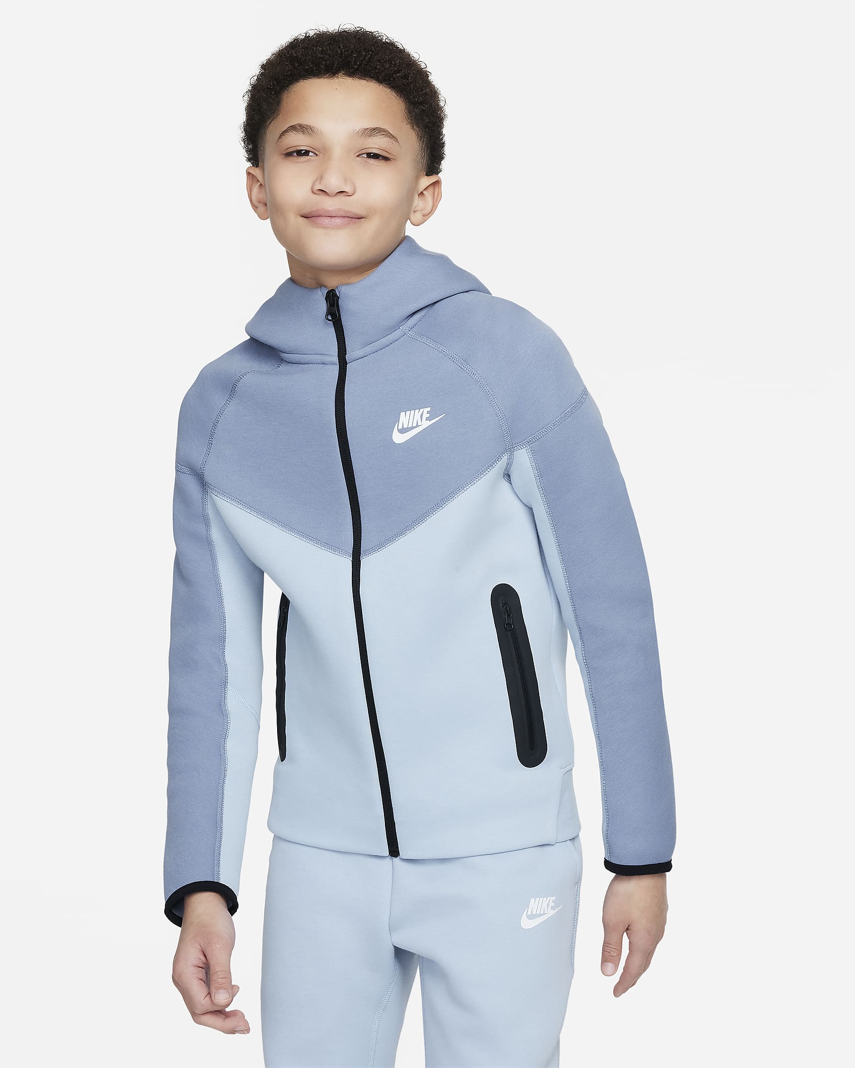 Nike Sportswear Tech Fleece Tam Boy Fermuarlı Genç Çocuk (Erkek) Kapüşonlu Üst - Ashen Slate/Light Armory Blue/Siyah/Beyaz