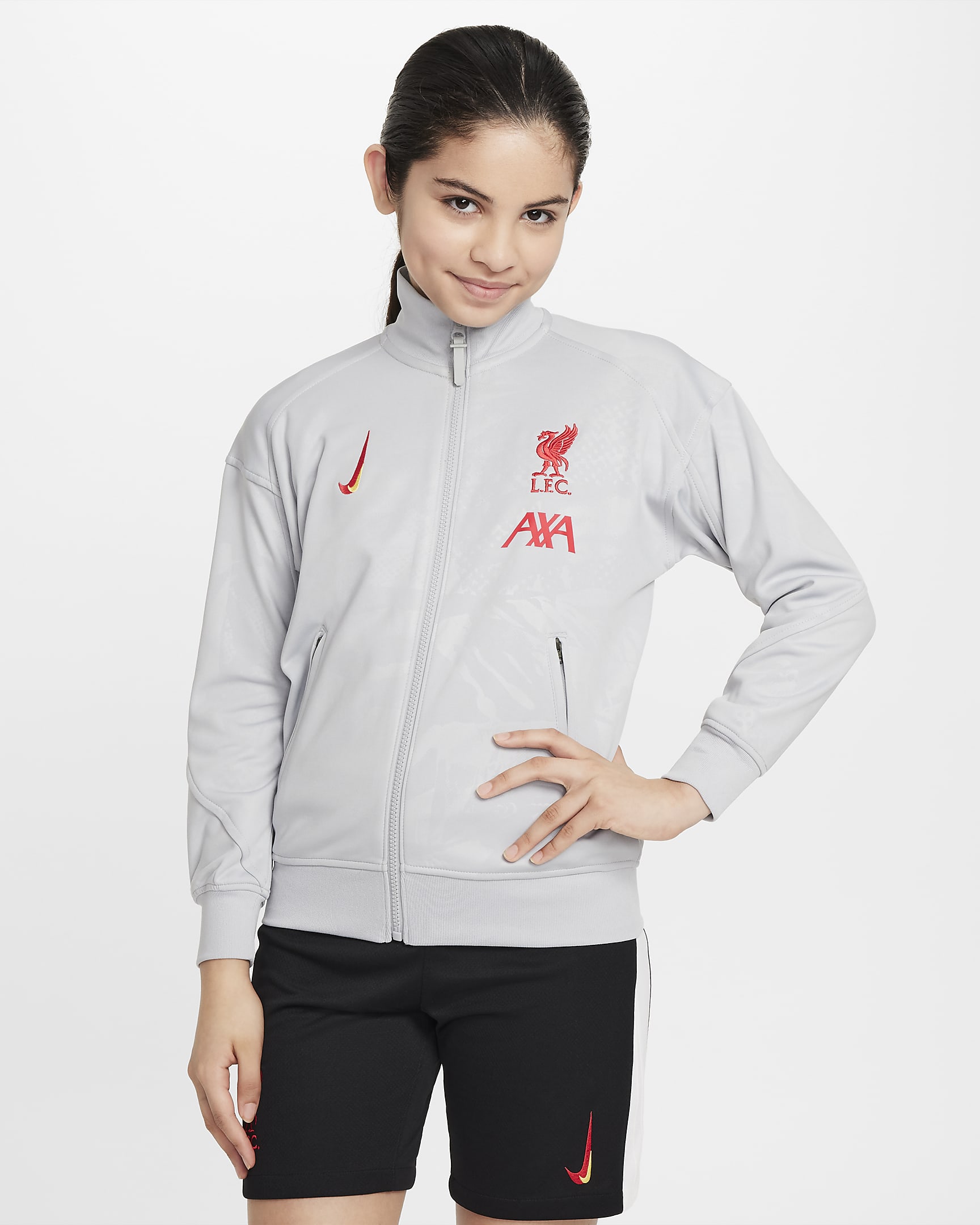 Fotbalová bunda Nike Dri-FIT Anthem FC Liverpool Academy Pro pro větší děti, třetí - Light Smoke Grey/Černá/Global Red